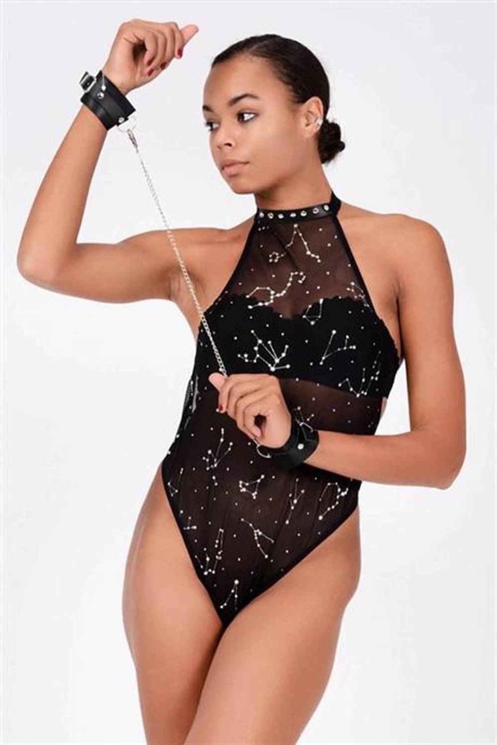 Markano   Baskılı Tül ve Deri Bileklik Şık Babydoll