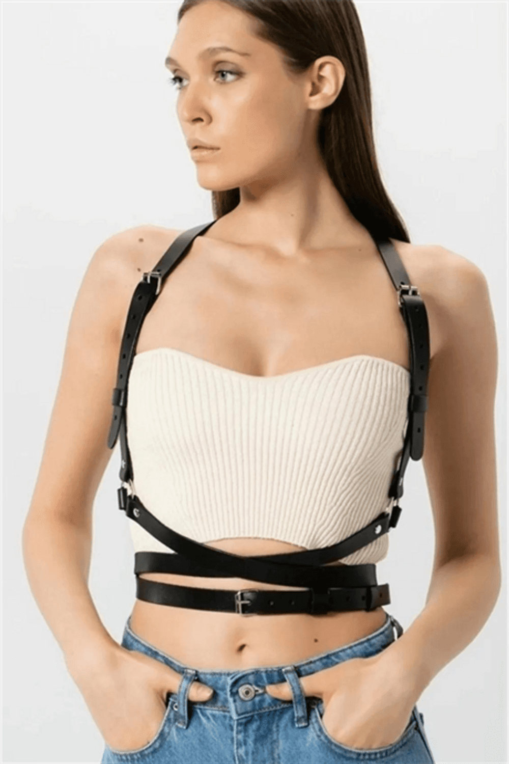 Markano  Elbise Kıyafet Üstüne 3 Kemerli Arkadan Toka İle Bağlamalı Ayarlı Yanlardan Askılı Suni Deri Kemer