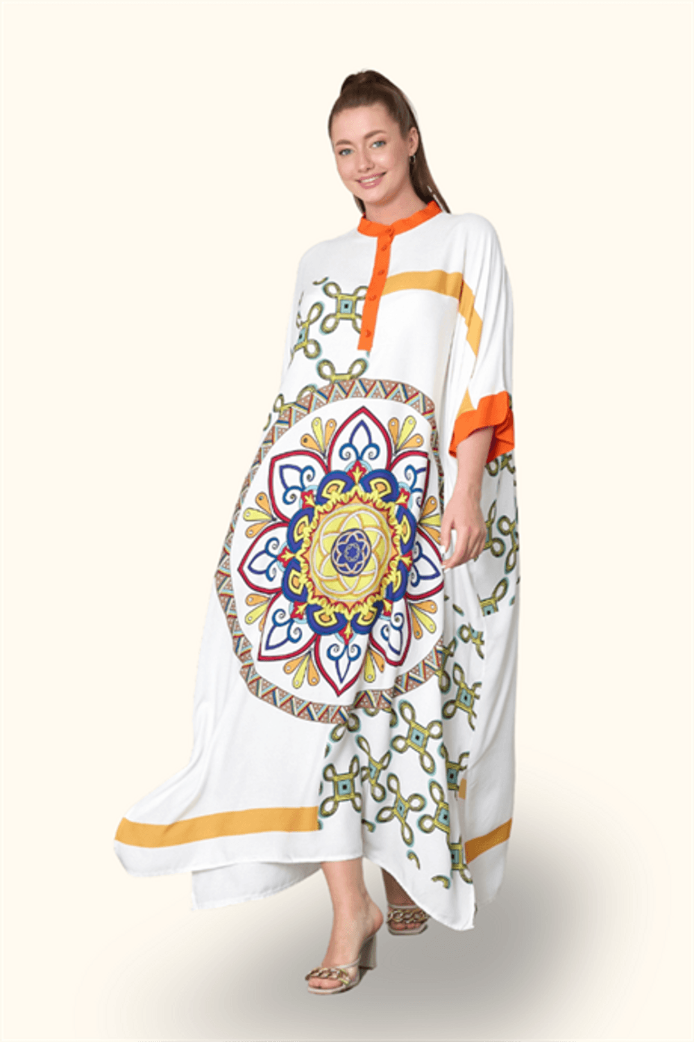 Markano Beyaz Dik Yaka Etnik Desenli Oversize Uzun Elbise