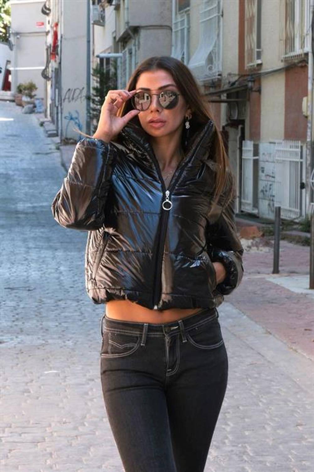 Markano Black Shiny Water Repellent Stand Collar Short Puffer Jacket