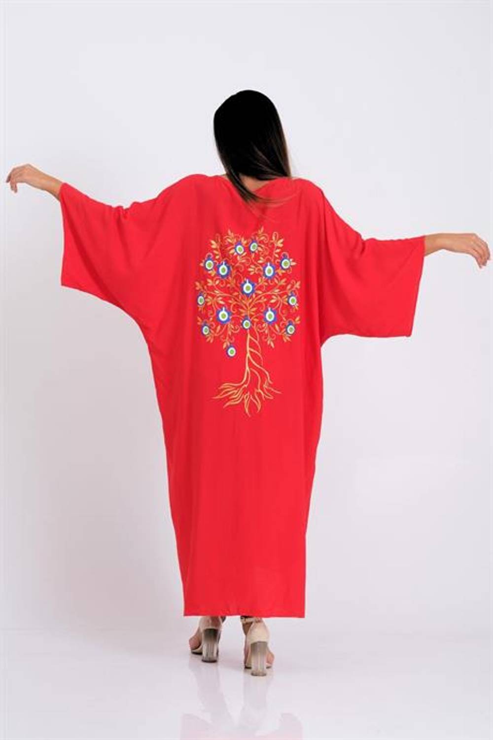 Markano Kırmızı V Yaka Sırtı ve Cepleri Kabartma Nazar Boncuğu Baskılı Oversize Uzun Gömlek Elbise 