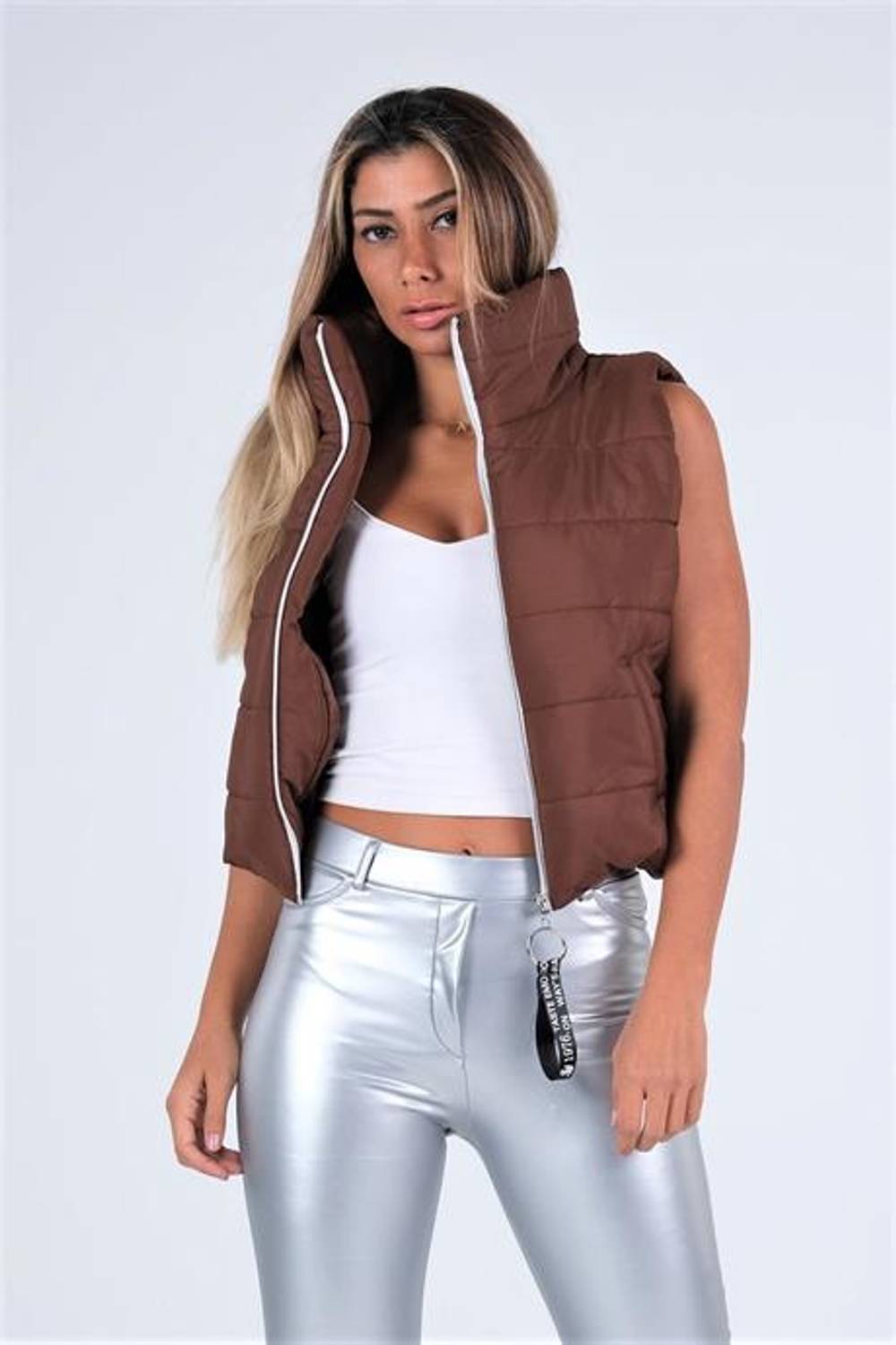 Markano Kahverengi Dik Yaka Beli Lastikli Cepli Kısa Şişme Yelek