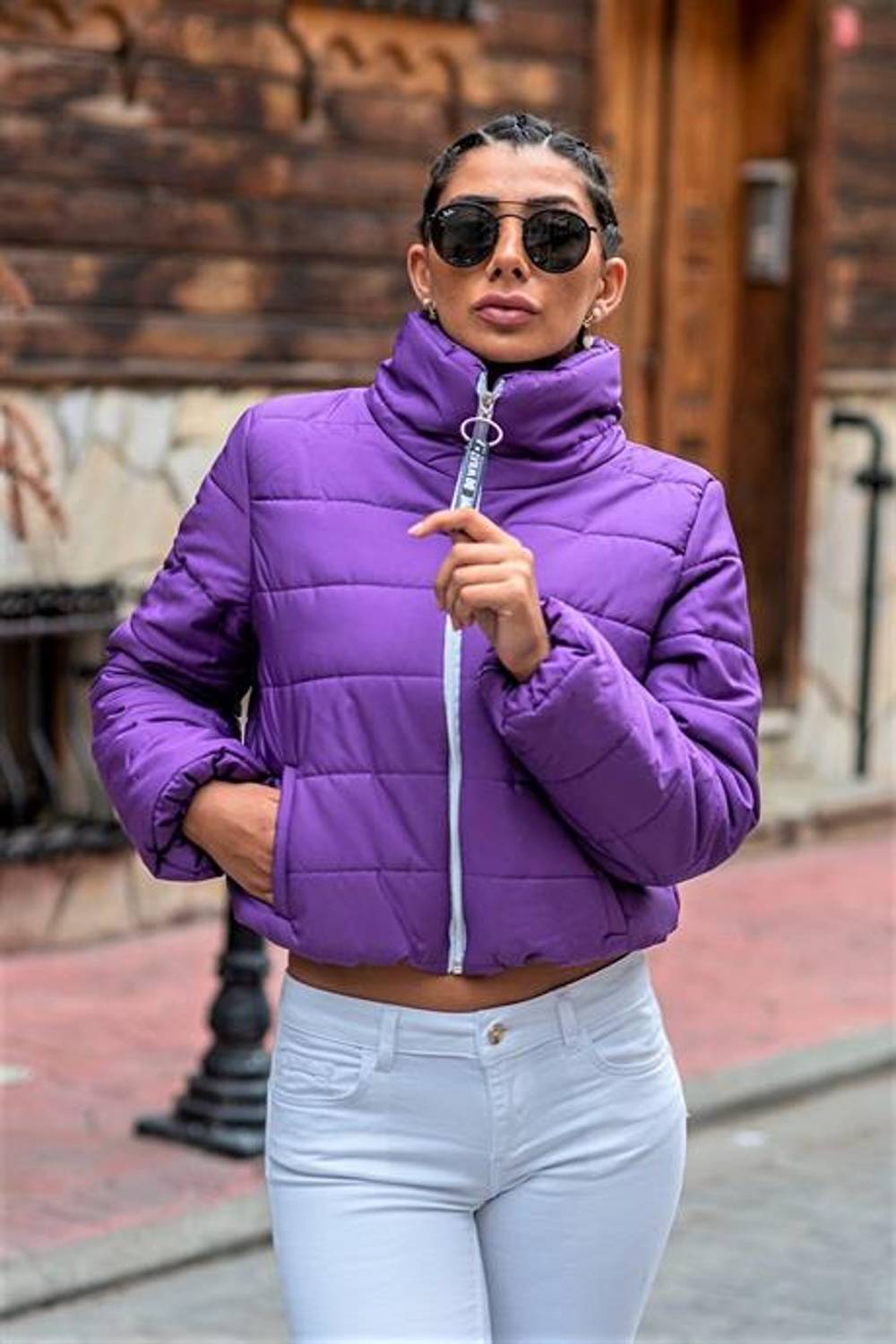 Markano Koyu Mor Dik Yaka Su Geçirmez Kısa Şişme Mont