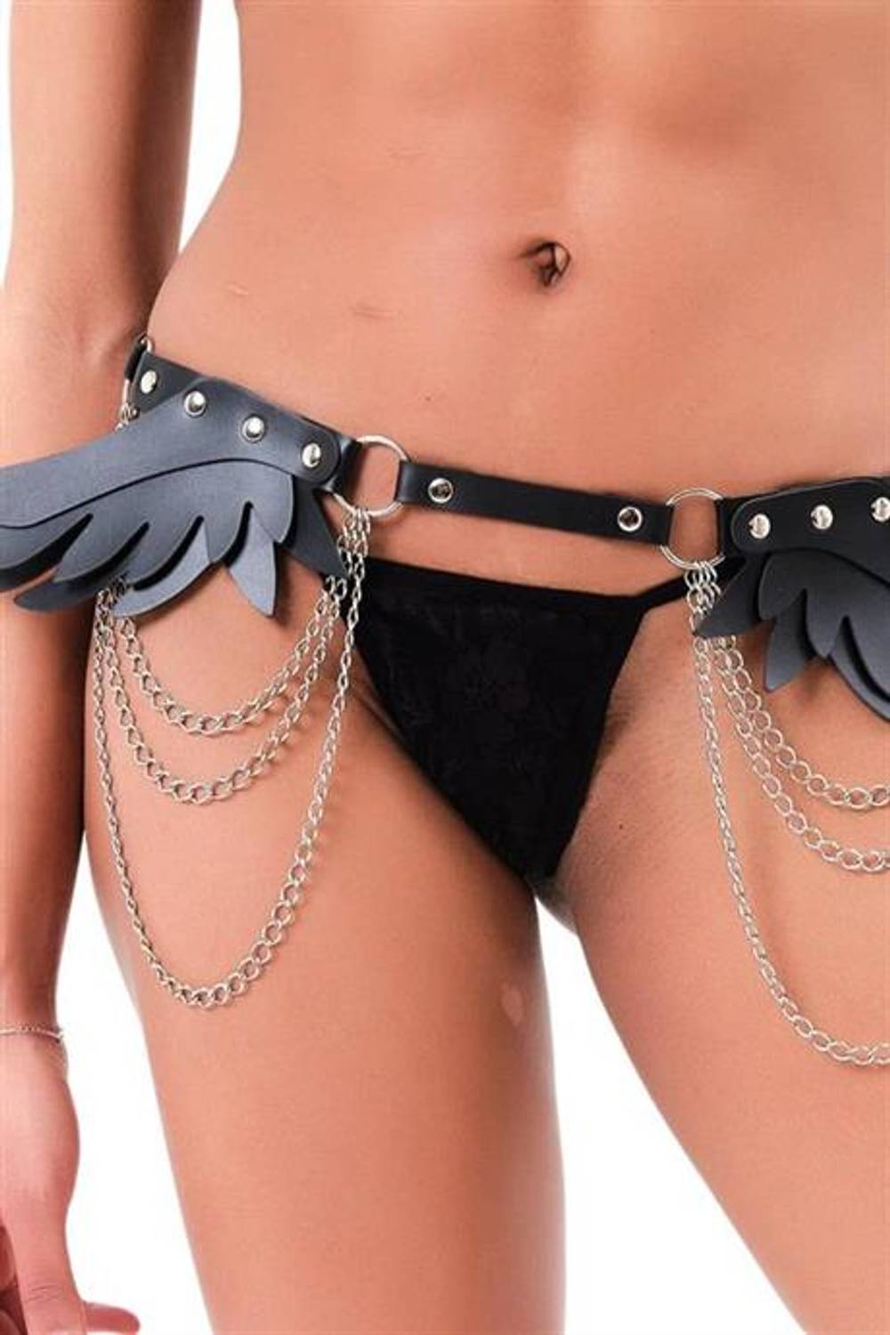 Markano  Siyah Yumuşak Deri Zincirli Fantezi Şık Kelebek Desen Harness