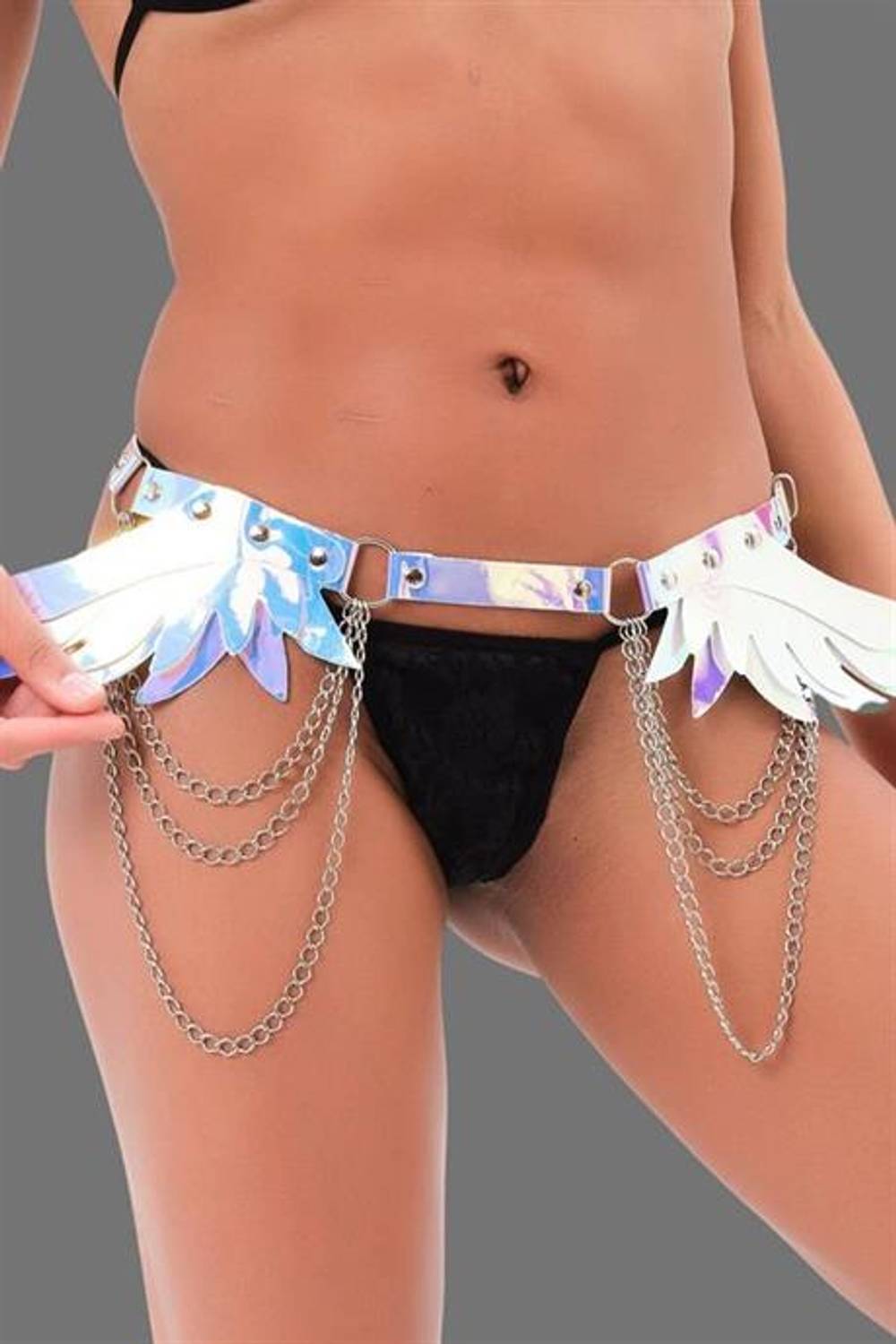 Markano  Gümüş Yumuşak Deri Zincirli Fantezi Şık Kelebek Desen Harness