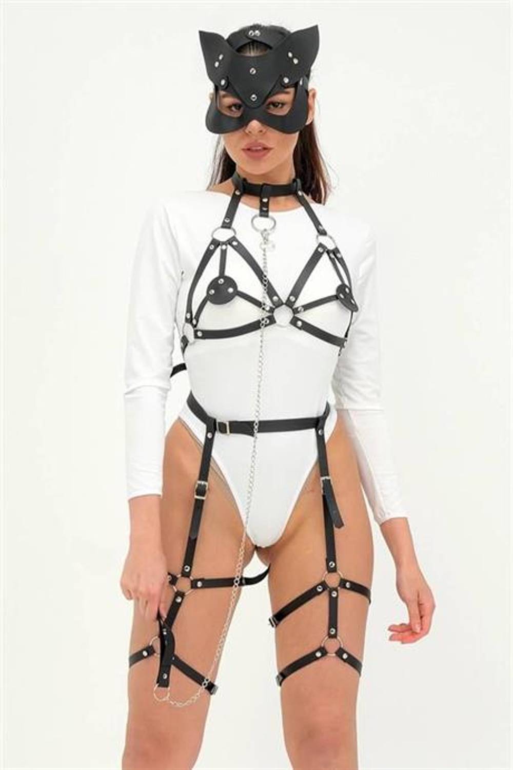 Markano  Maske Sütyen ve Jartiyerli Fantezi Deri Kostüm