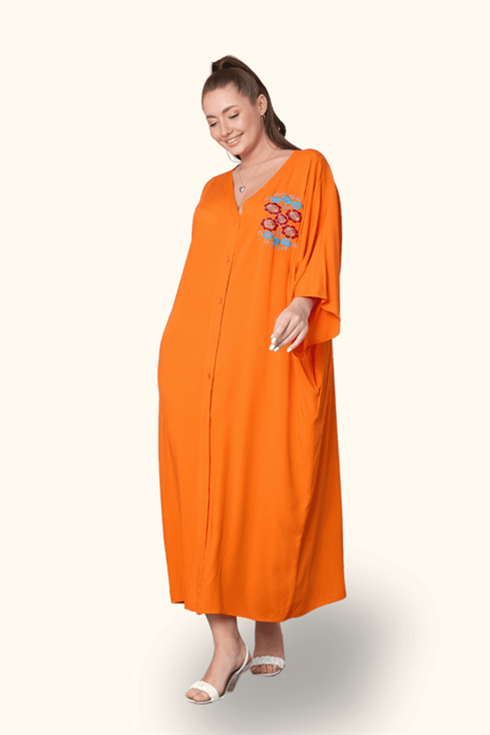 Markano Turuncu V Yaka Sırtı ve Göğsü Çiçek Nakışlı Cepli Oversize Uzun Gömlek Elbise