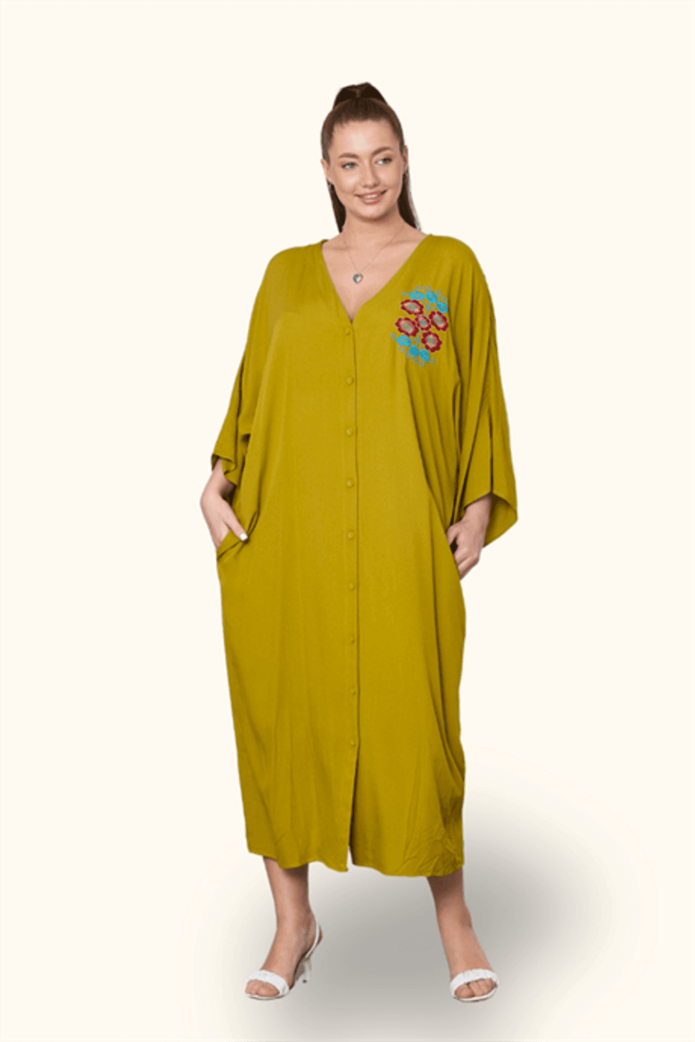 Markano Hardal Rengi V Yaka Sırtı ve Göğsü Çiçek Nakışlı Cepli Oversize Uzun Gömlek Elbise