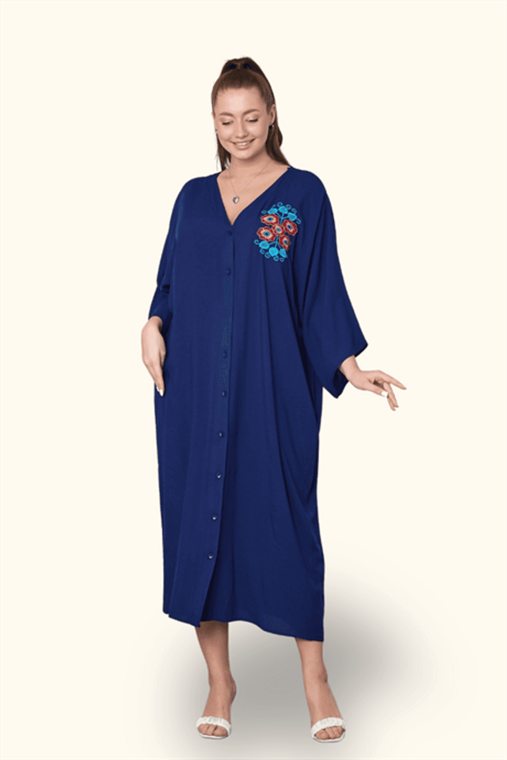Markano Lacivert V Yaka Sırtı ve Göğsü Çiçek Nakışlı Cepli Oversize Uzun Gömlek Elbise