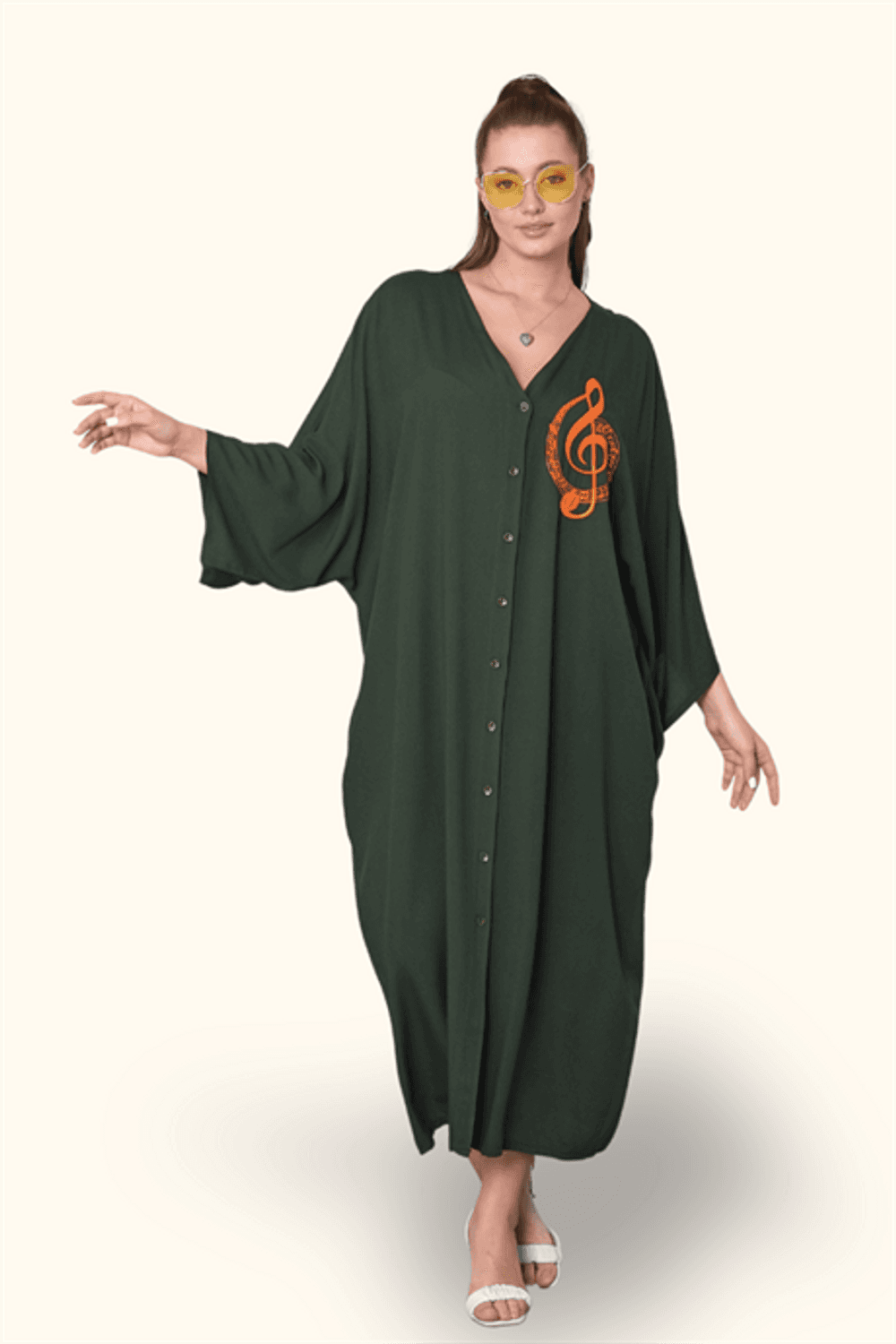 Markano Haki V Yaka Göğsü Nota Nakışlı Cepli Oversize Uzun Gömlek Elbise
