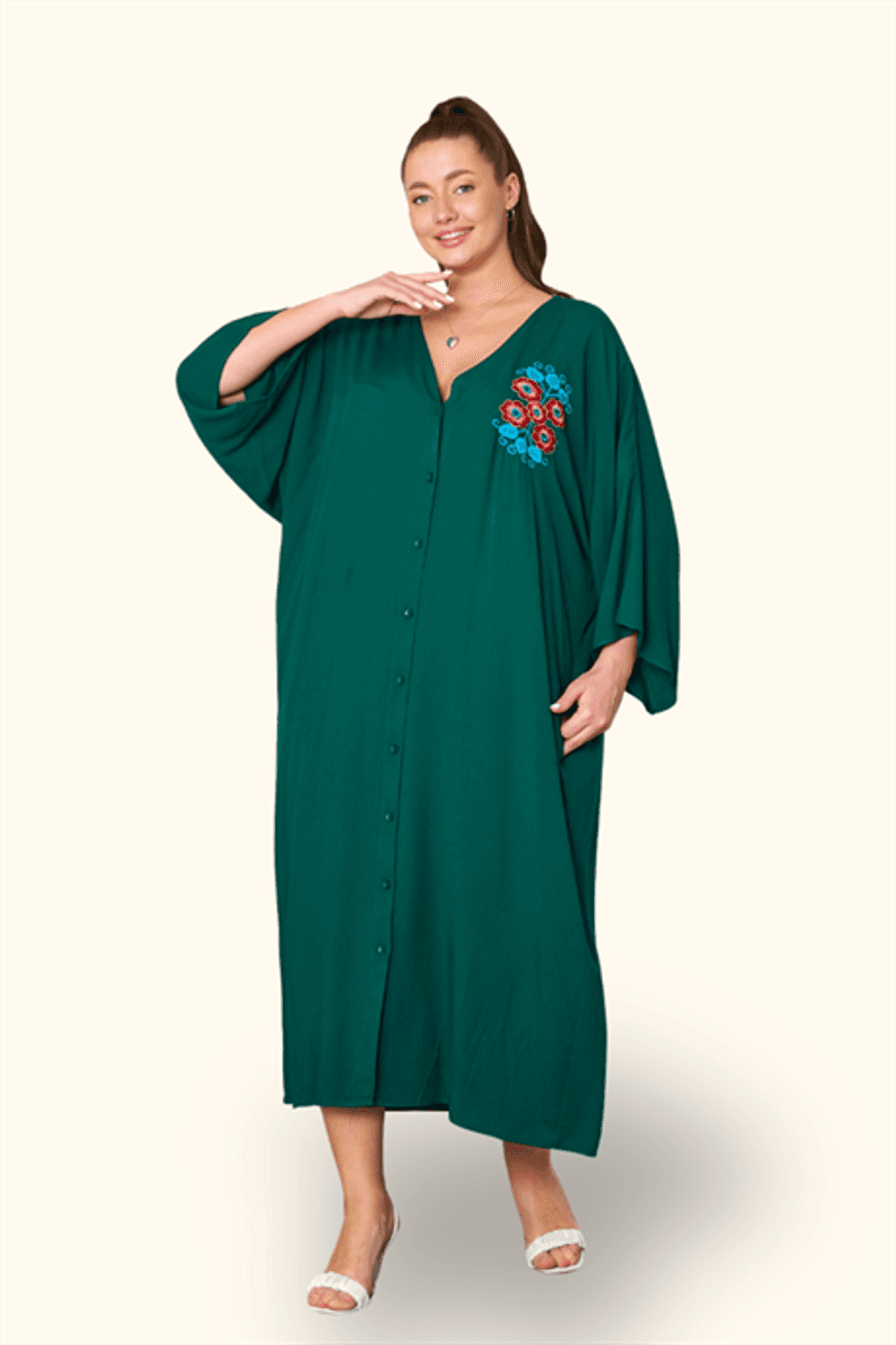 Markano Haki V Yaka Sırtı ve Göğsü Çiçek Nakışlı Cepli Oversize Uzun Gömlek Elbise