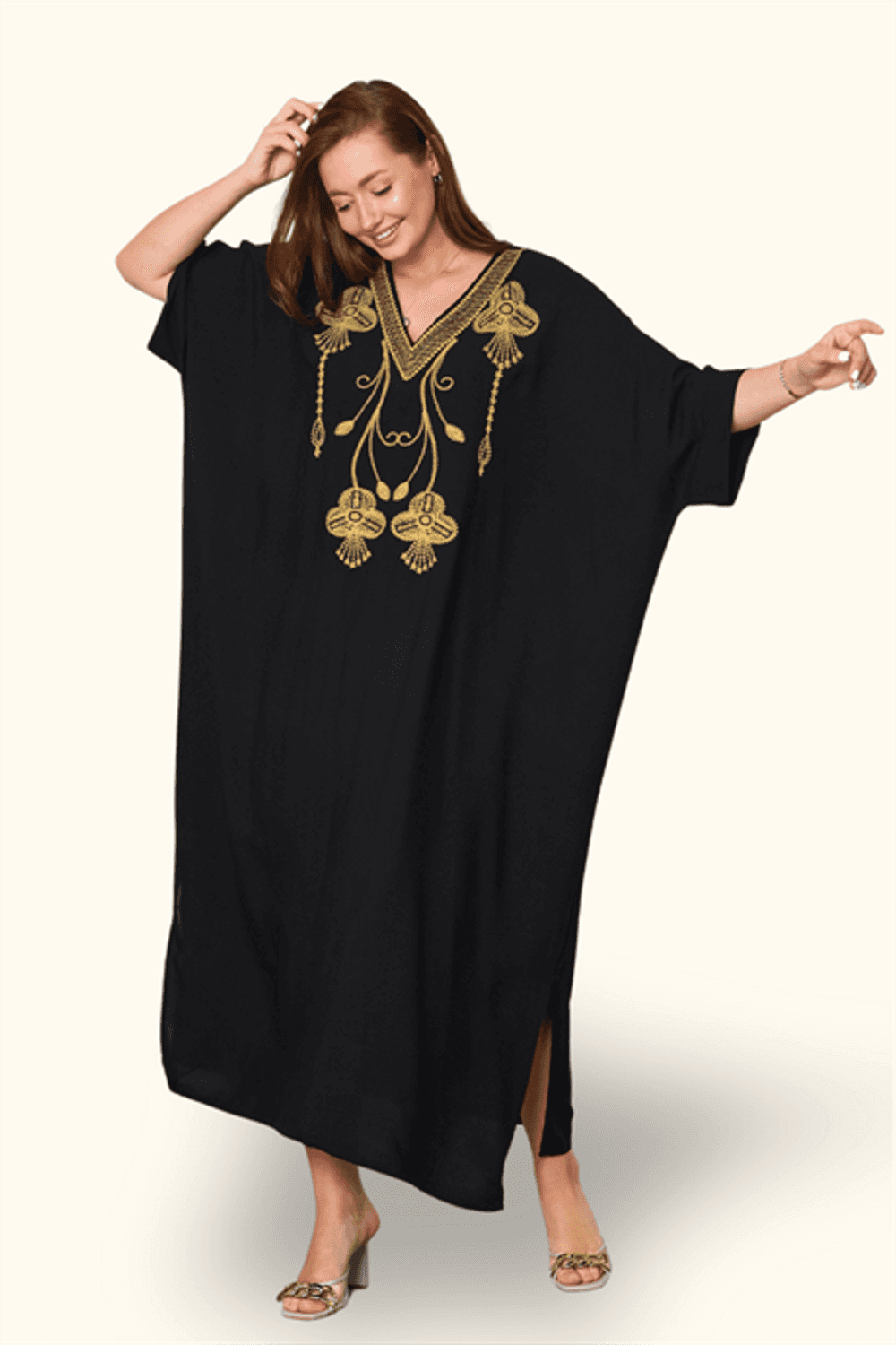 Markano Siyah V Yaka Otantik Nakışlı Cepli Oversize Uzun Elbise