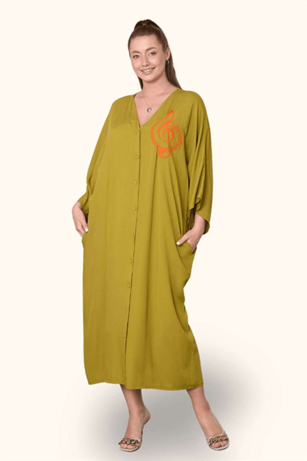 Markano Hardal Rengi V Yaka Göğsü Nota Nakışlı Cepli Oversize Uzun Gömlek Elbise