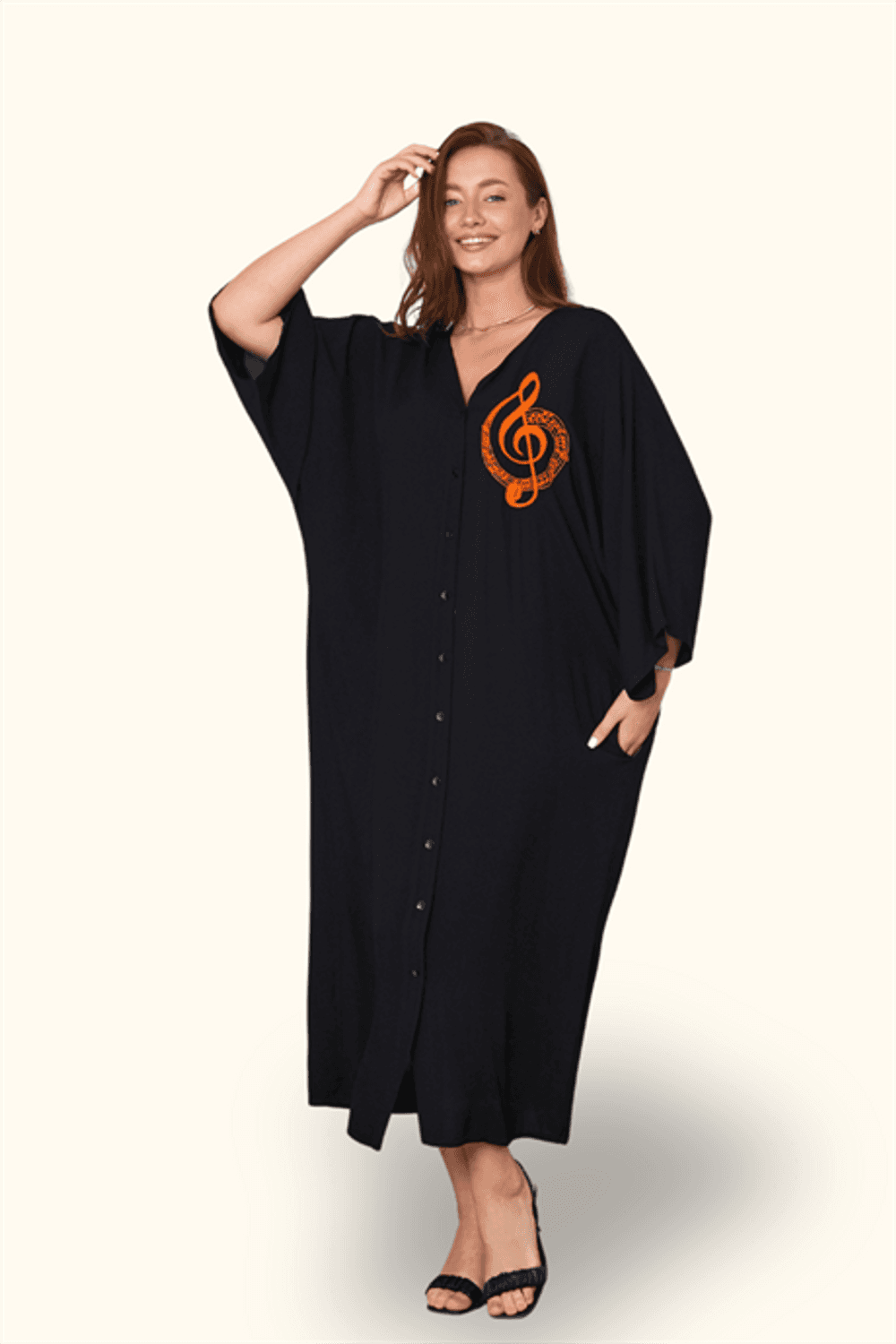 Markano Siyah V Yaka Göğsü Nota Nakışlı Cepli Oversize Uzun Gömlek Elbise