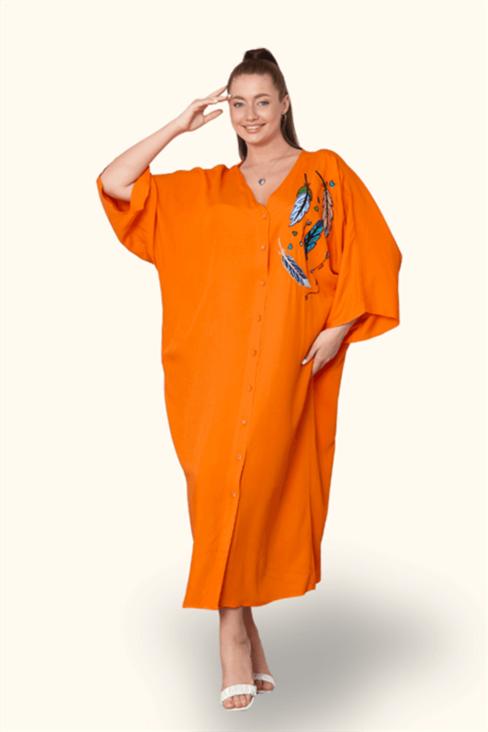 Markano Turuncu V Yaka Göğsü Nota Nakışlı Cepli Oversize Uzun Gömlek Elbise