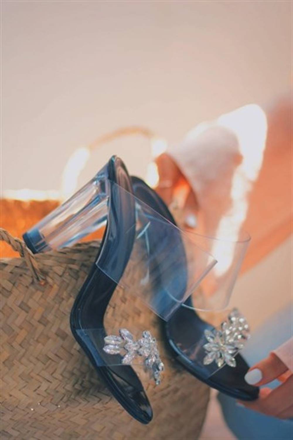 Jenerio Black Transparent Stone Heeled Slippers