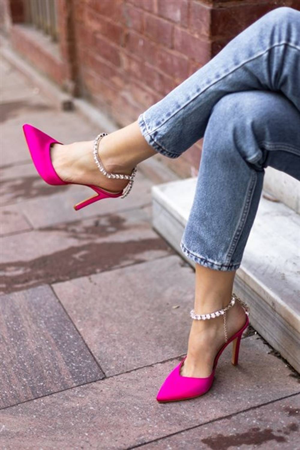 Celina Fuchsia Satin Stone Women's Heeled Shoes