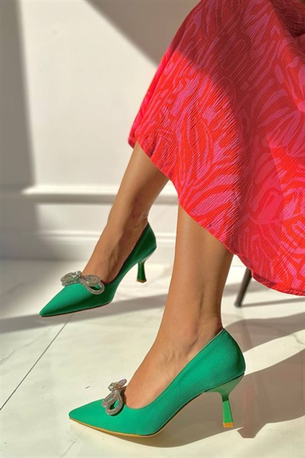 Mandy Yeşil Mat Saten fiyonklu stiletto