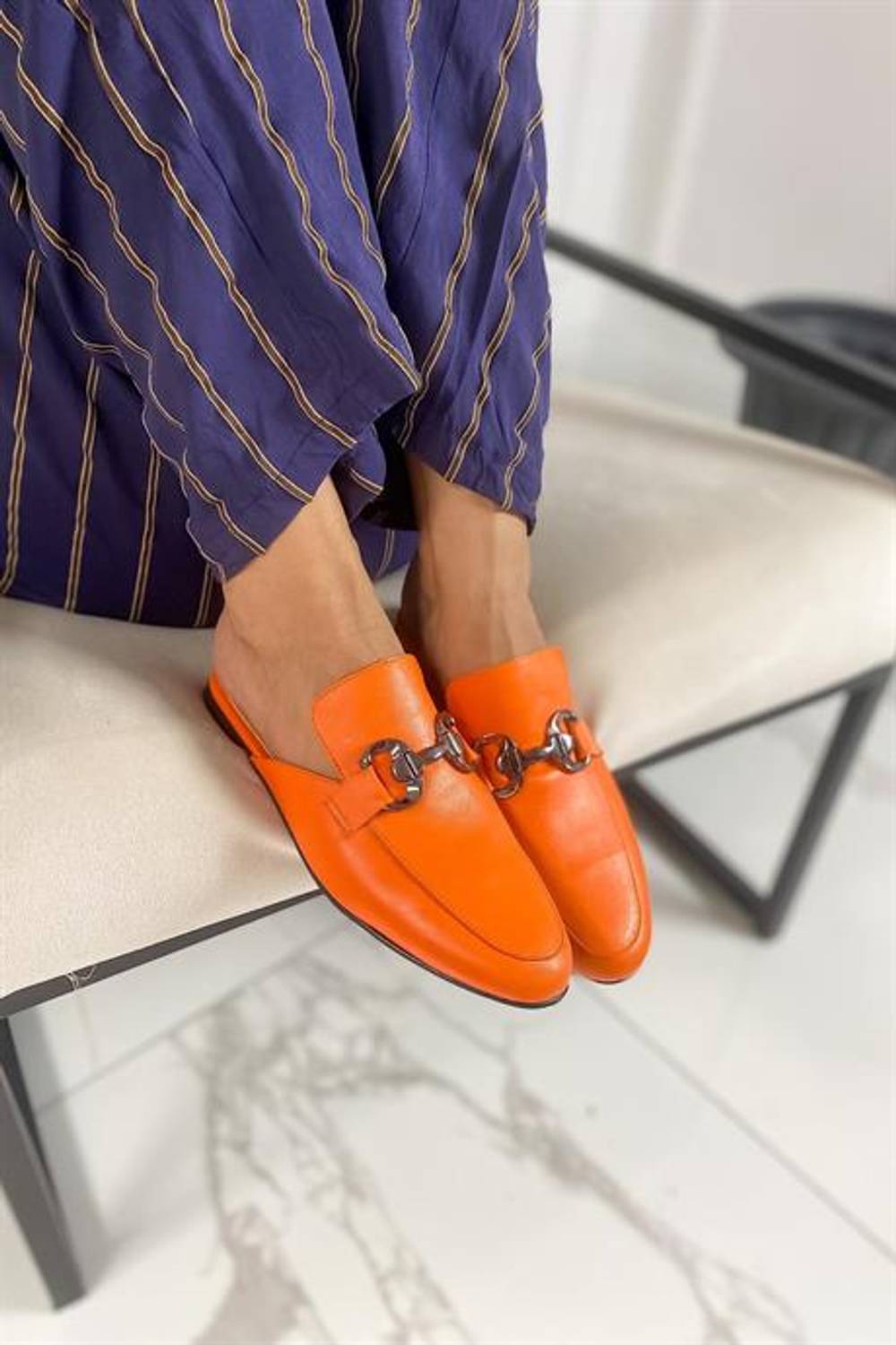 Estelya Orange Leather Buckled Women's Slippers