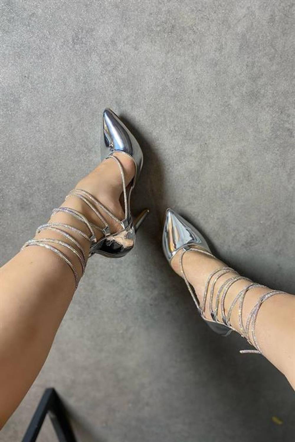 Basic Silver Patent Leather Laced Stone Women's Heeled Shoes