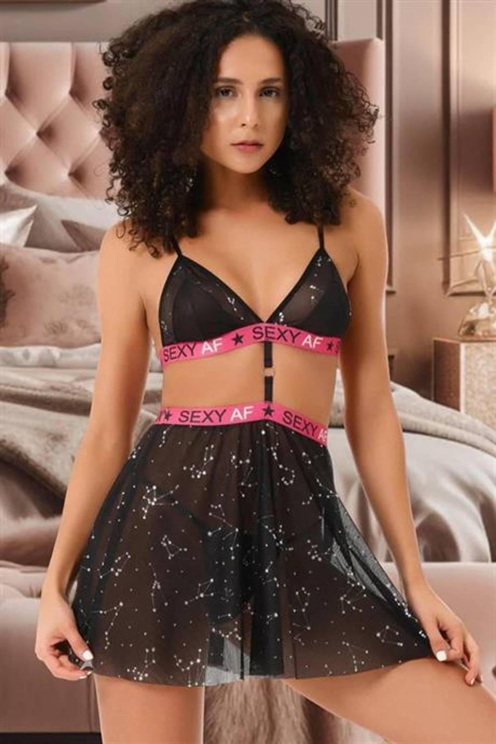 Markano Tül Üstüne Baskılı Şık Sütyen Külot Etekli Sexy Yazılı Gecelik  