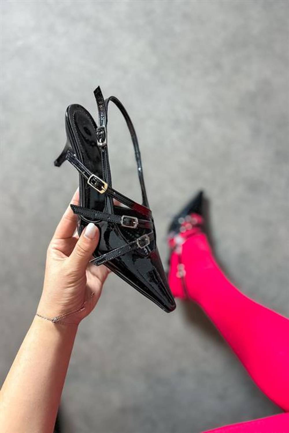 Space Black Patent Leather Women's Heeled Shoes with Three Buckle Detail