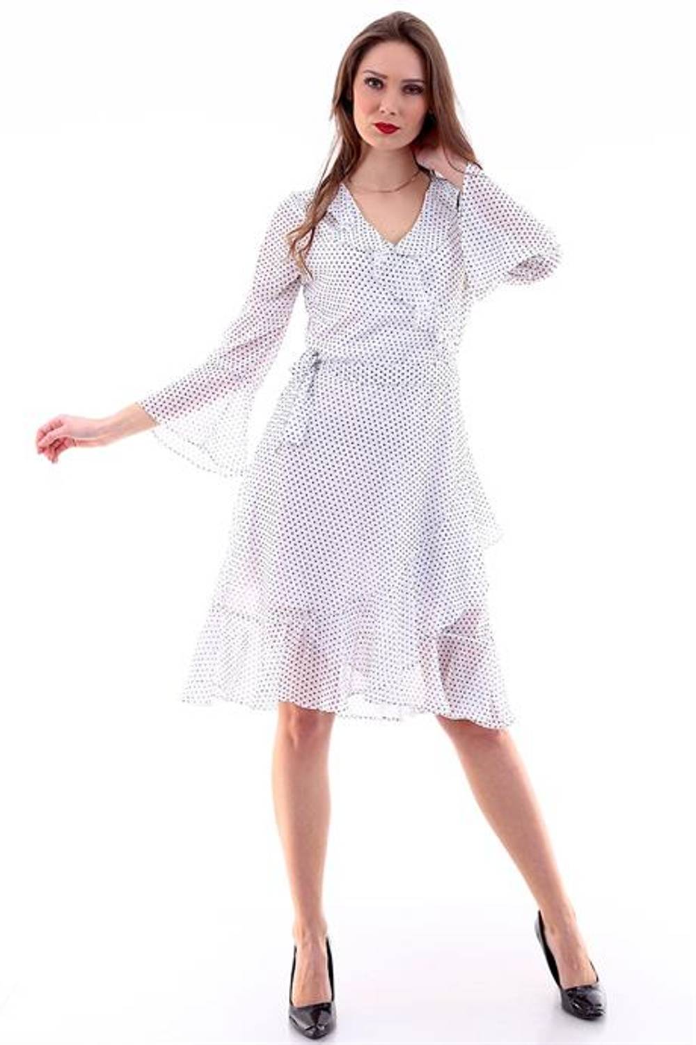 Белое шифоновое платье с рюшами и горошком, мини, размеры 36-42