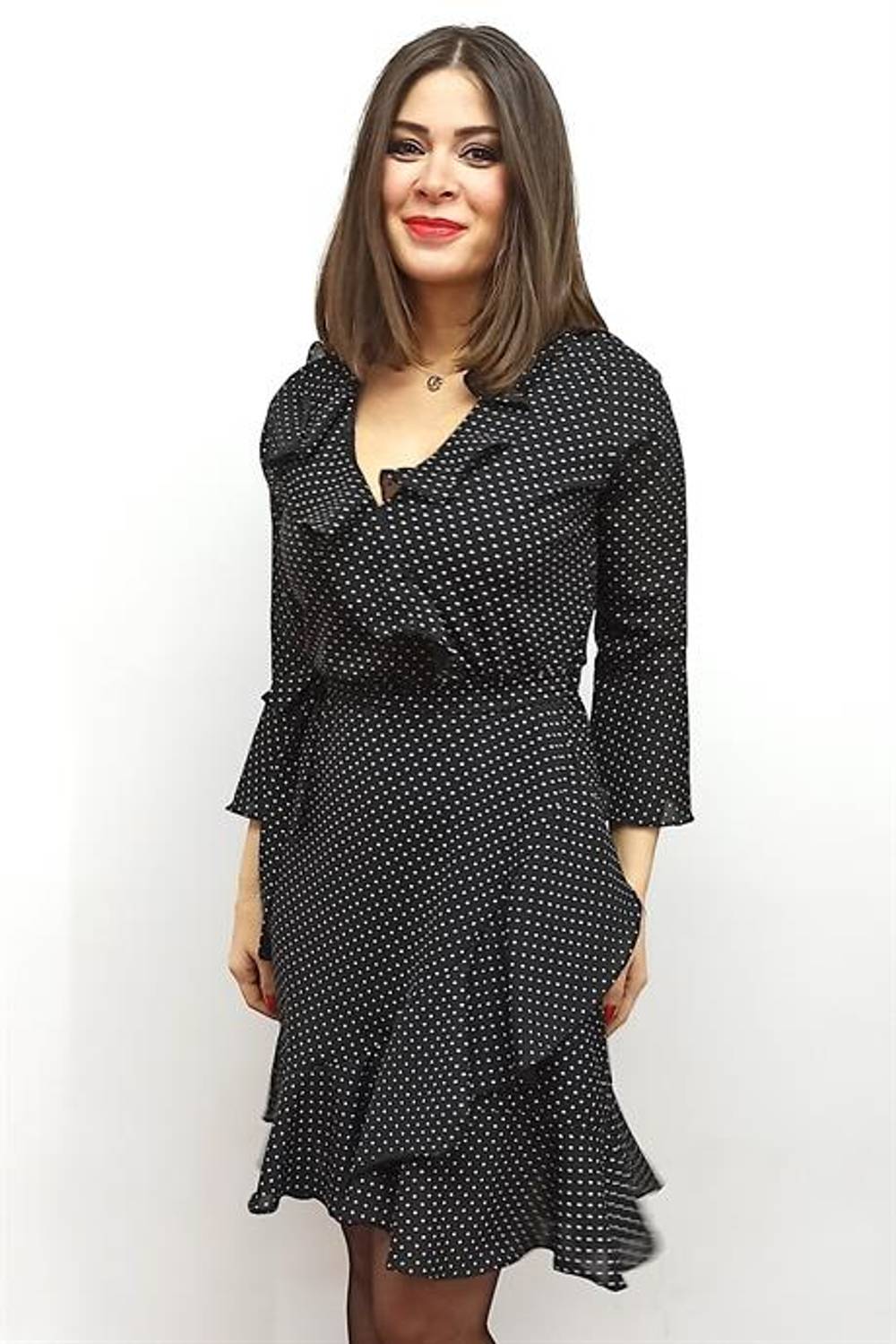 Markano Siyah Fırfırlı Şifon Elbise