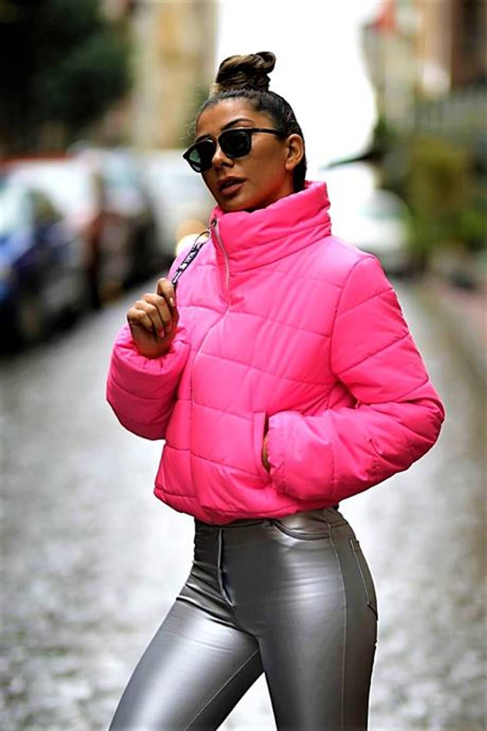 Markano Pink Waterproof Stand Collar Short Puffer Coat