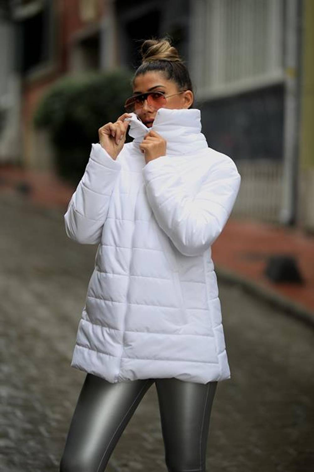 Markano White Stand-up Collar Long Puffer Coat