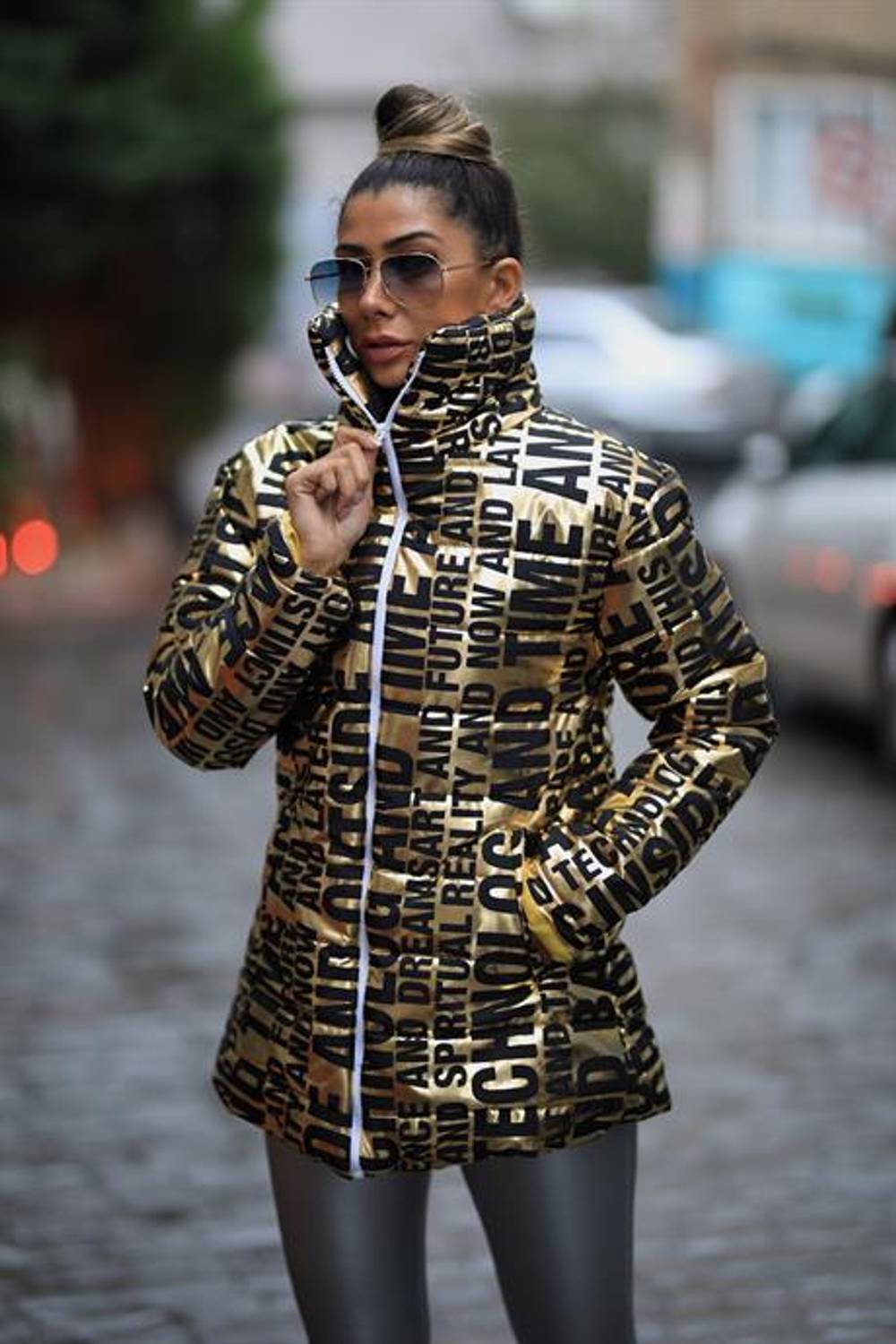 Markano Gold Stand Collar Long Shiny Puffer Coat