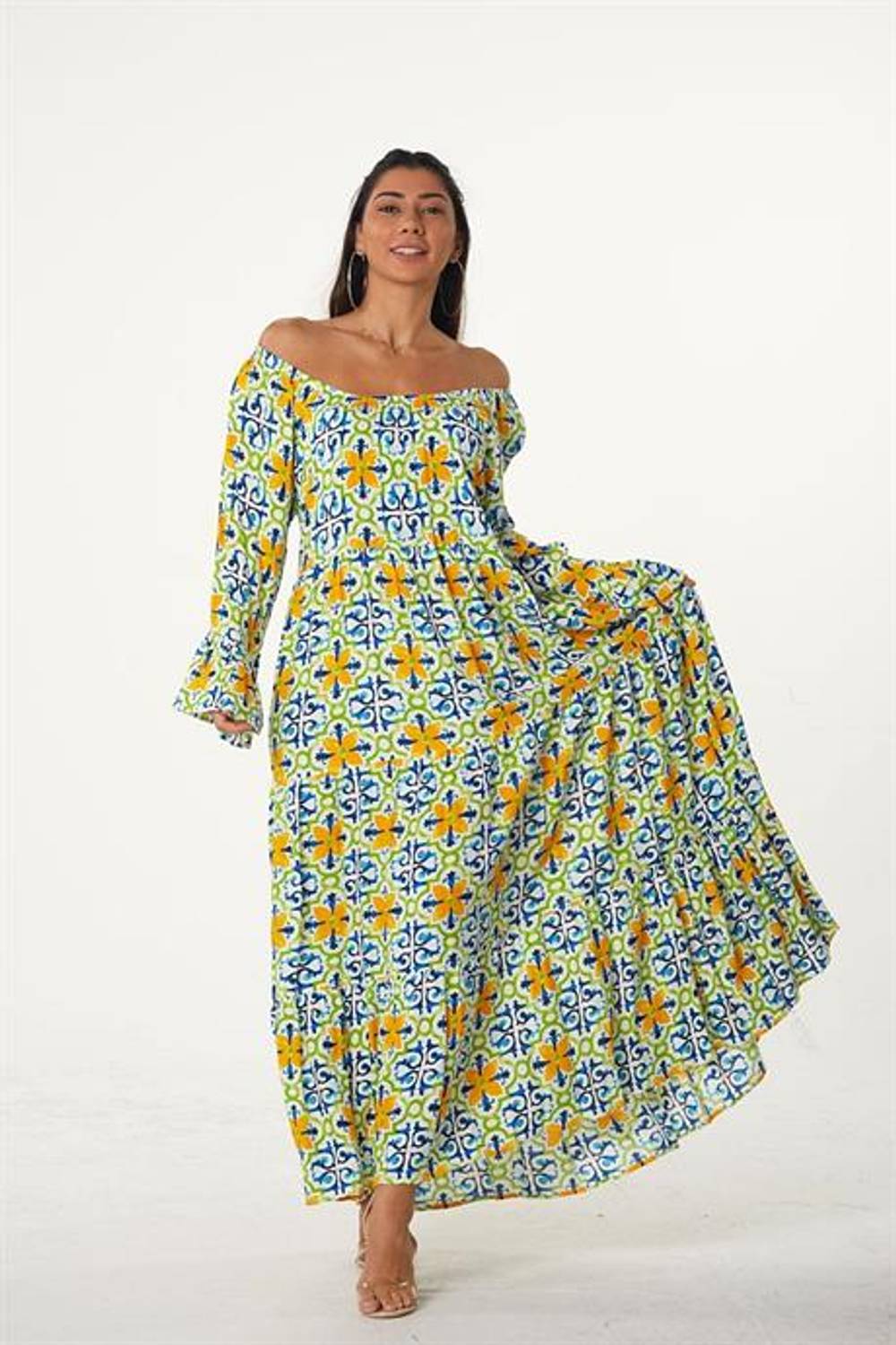Сарафан з квітковим візерунком з рюшами на рукавах та кармен-воротником, зелений, розміри S-XXXL