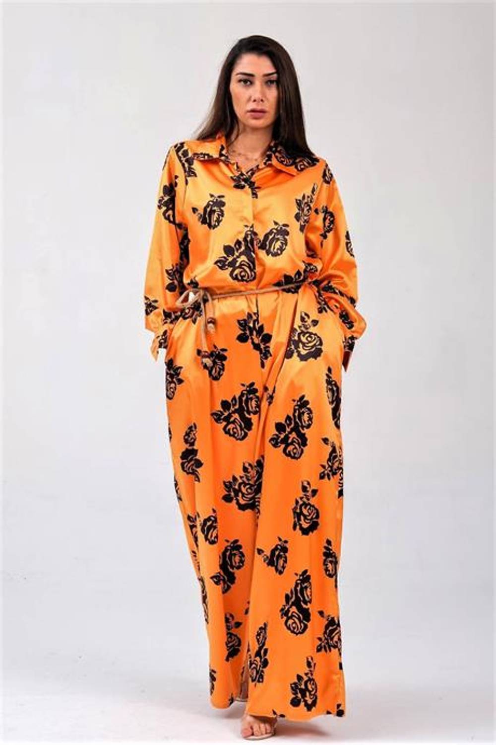 Markano Orange Black Floral Shirt Buttoned Collar Belted Satin Jumpsuit