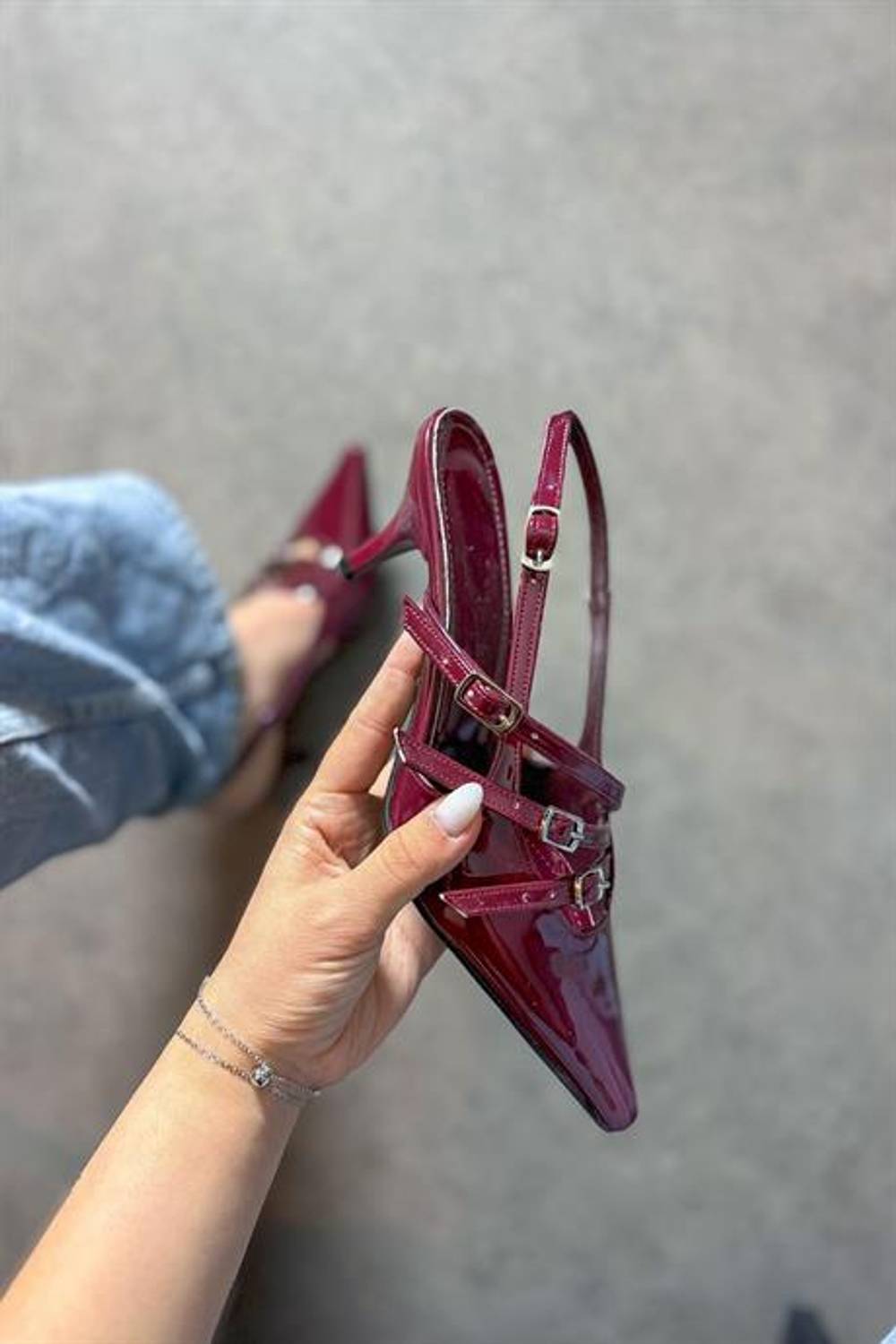 Space Claret Red Patent Leather Women's Heeled Shoes with Three Buckle Detail