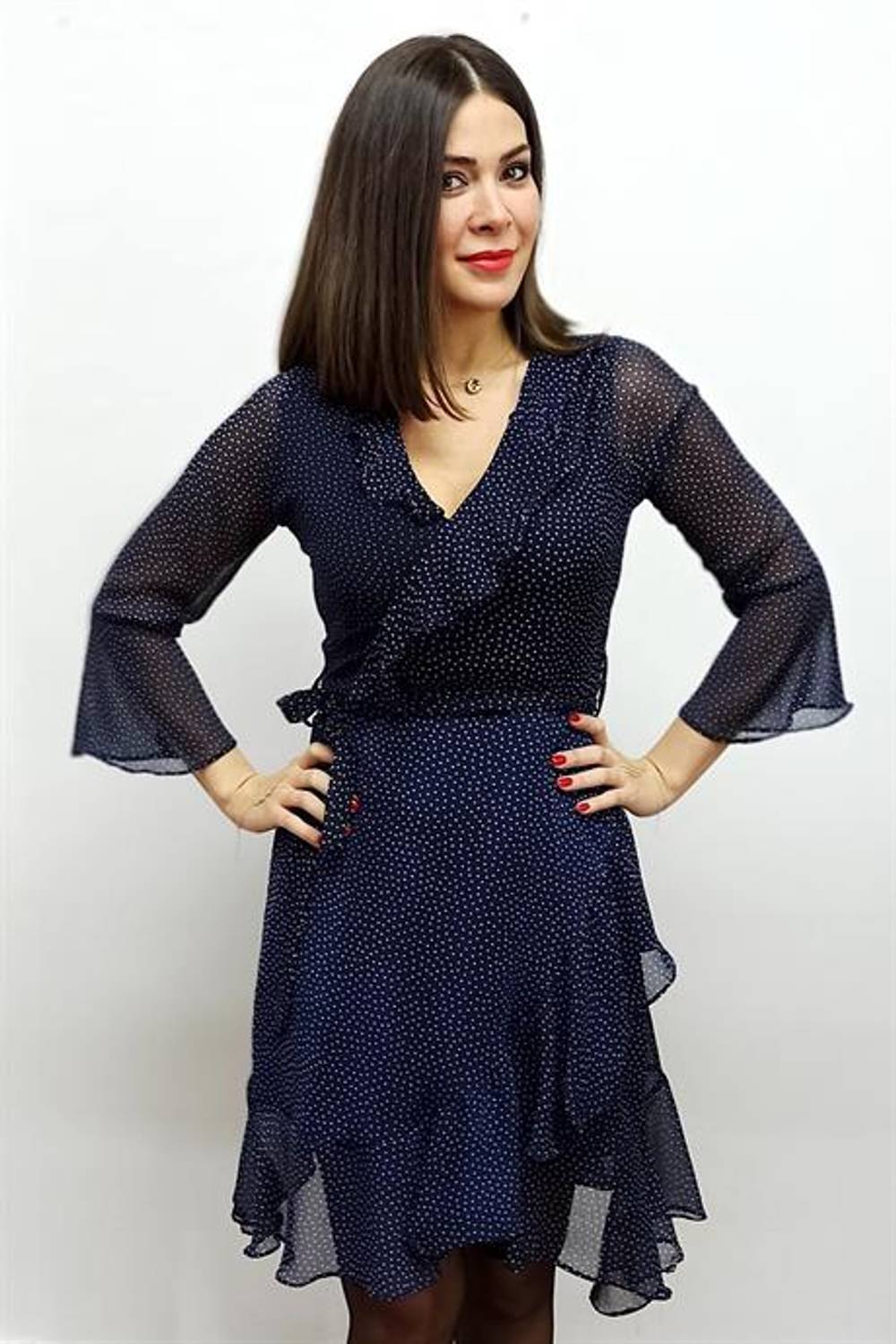 Markano Navy Blue Ruffled Chiffon Dress