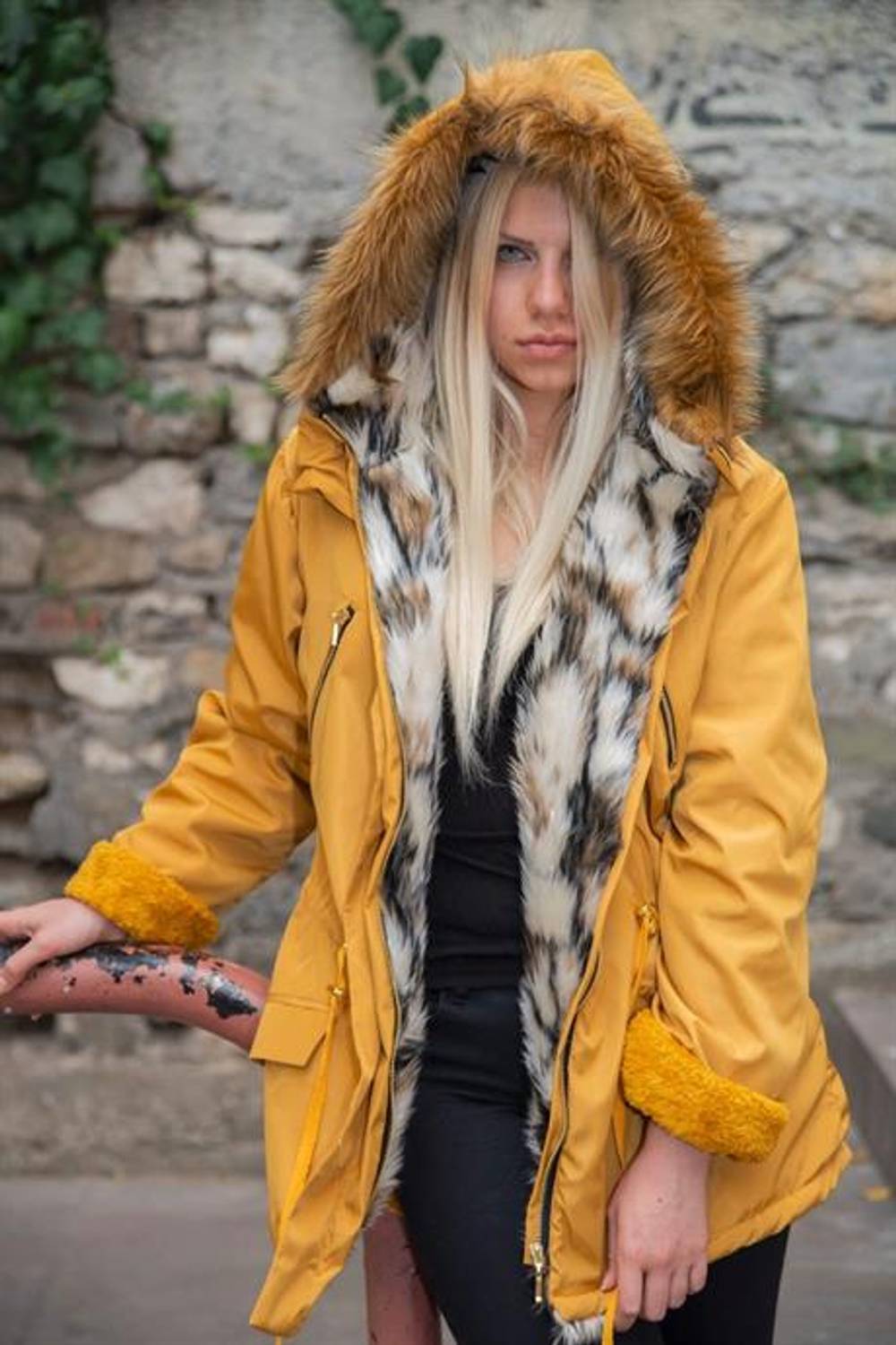 Markano Mustard Waterproof Fur Hooded Coat with Fur Inside
