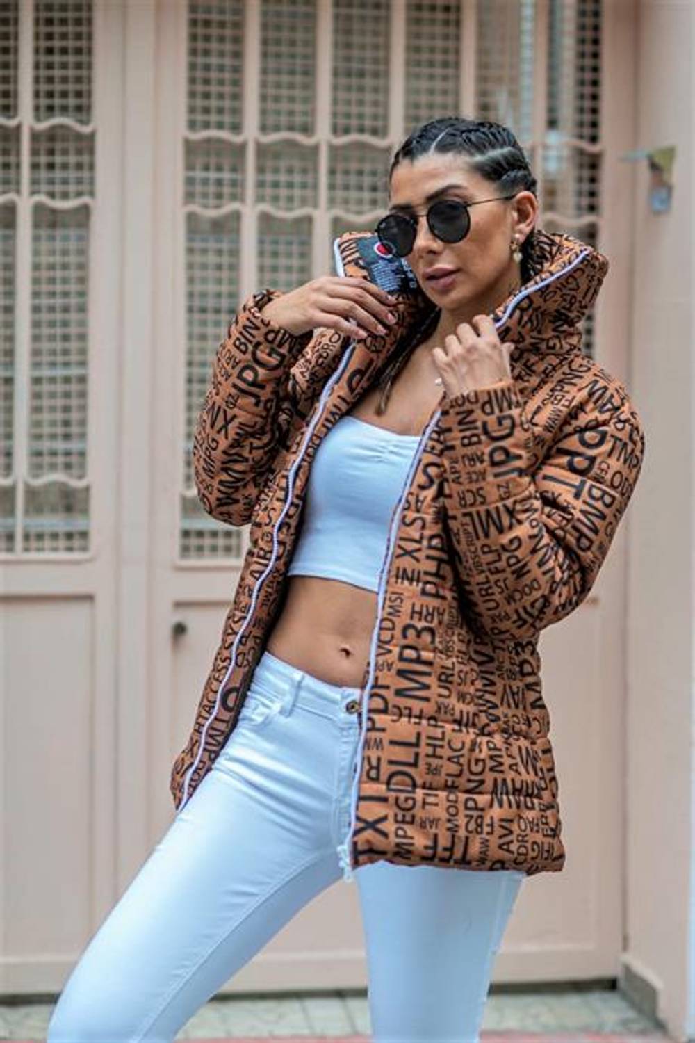 Markano Brown Stand Collar Long Puffer Coat with Waterproof Lettering