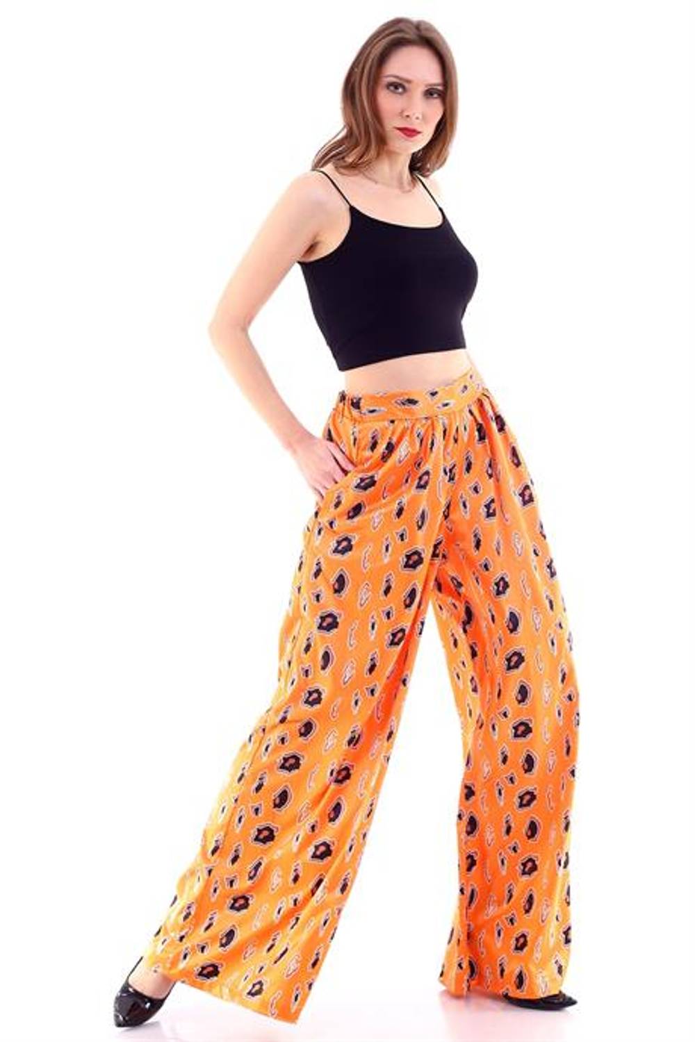 Markano Orange Patterned Wide Leg Satin Trousers
