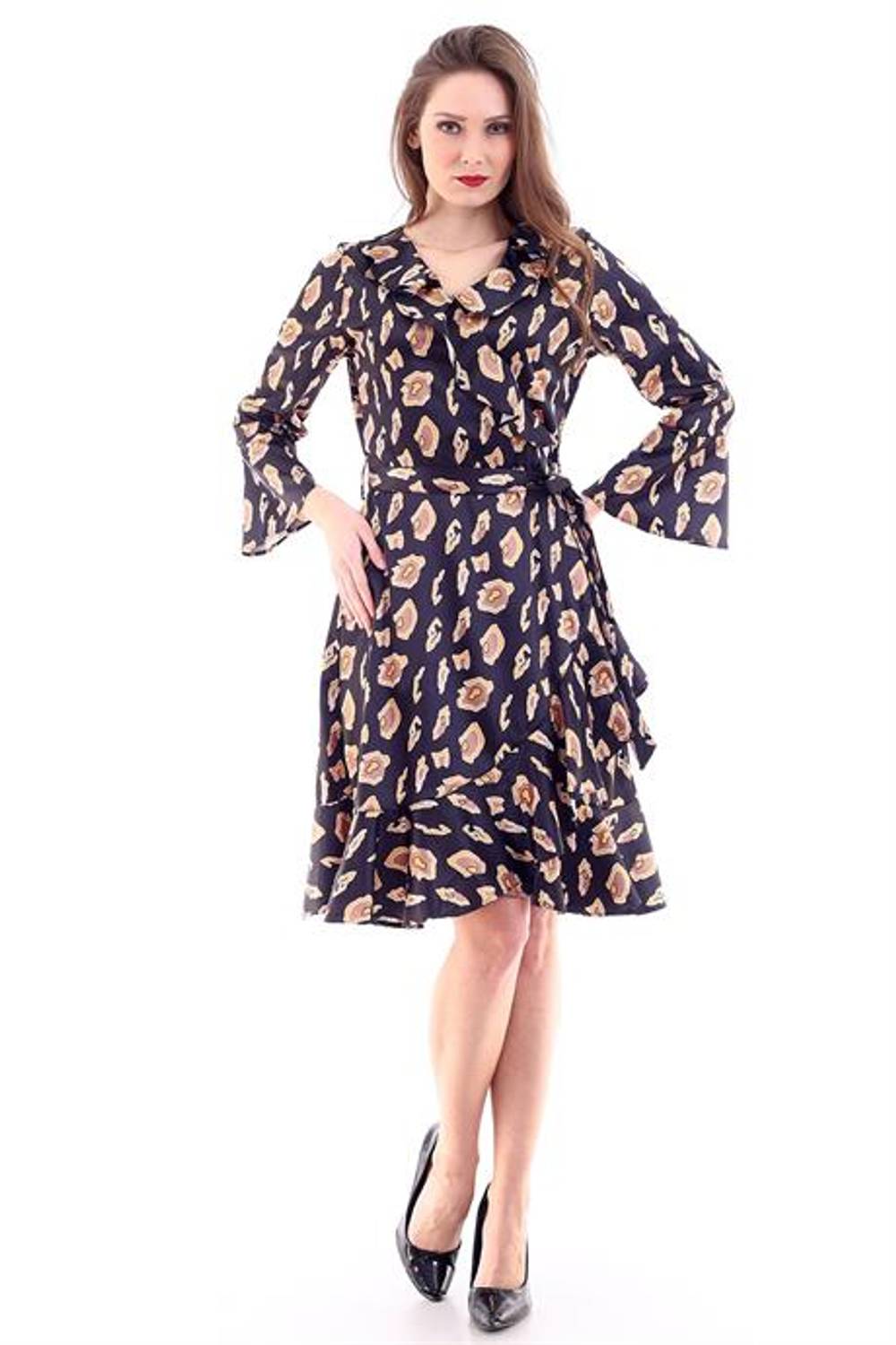 Markano Brown Patterned Ruffled Satin Dress