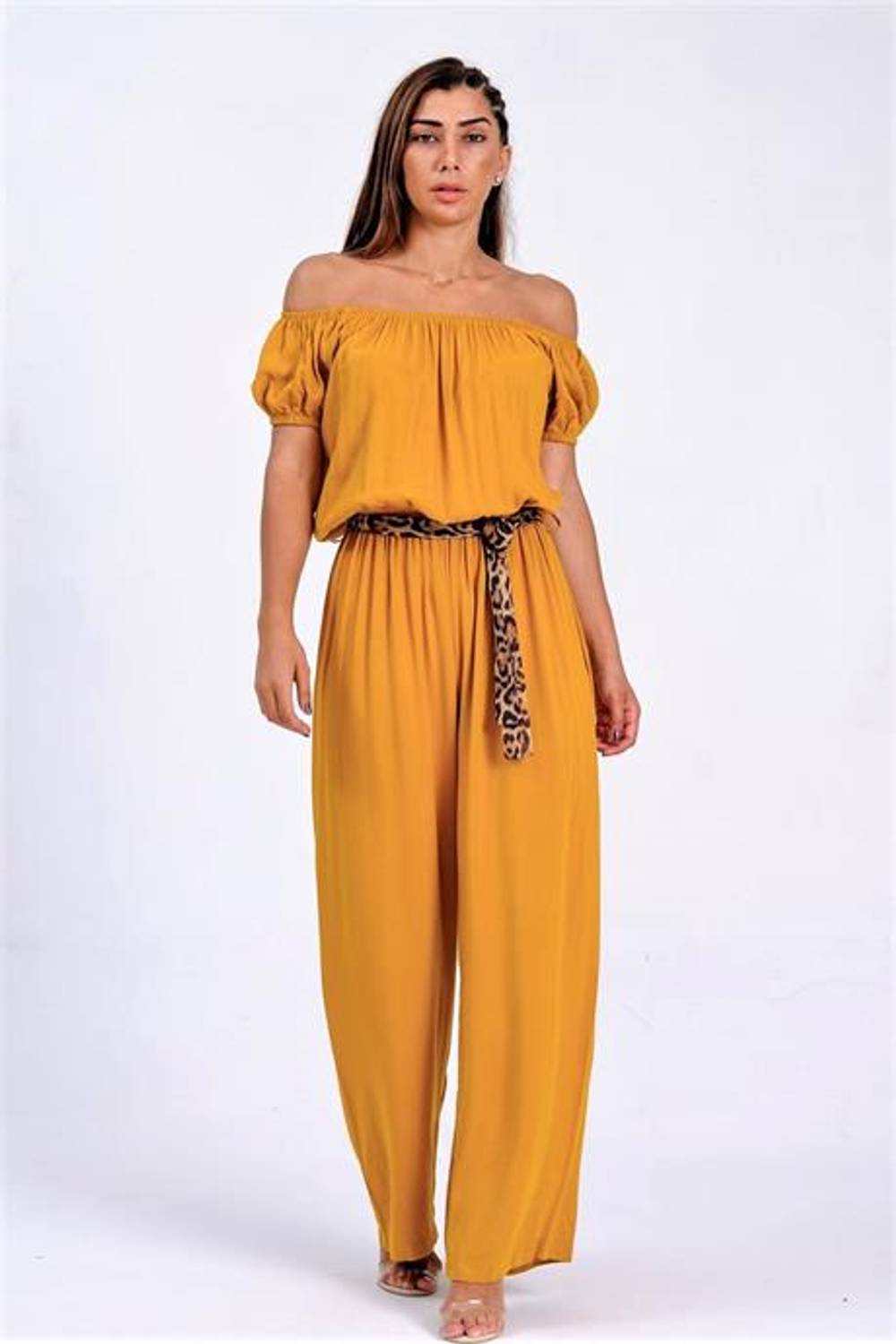 Markano Hardal Carmen Yaka Leopar Kemerli Beli Lastikli Dokuma Tulum