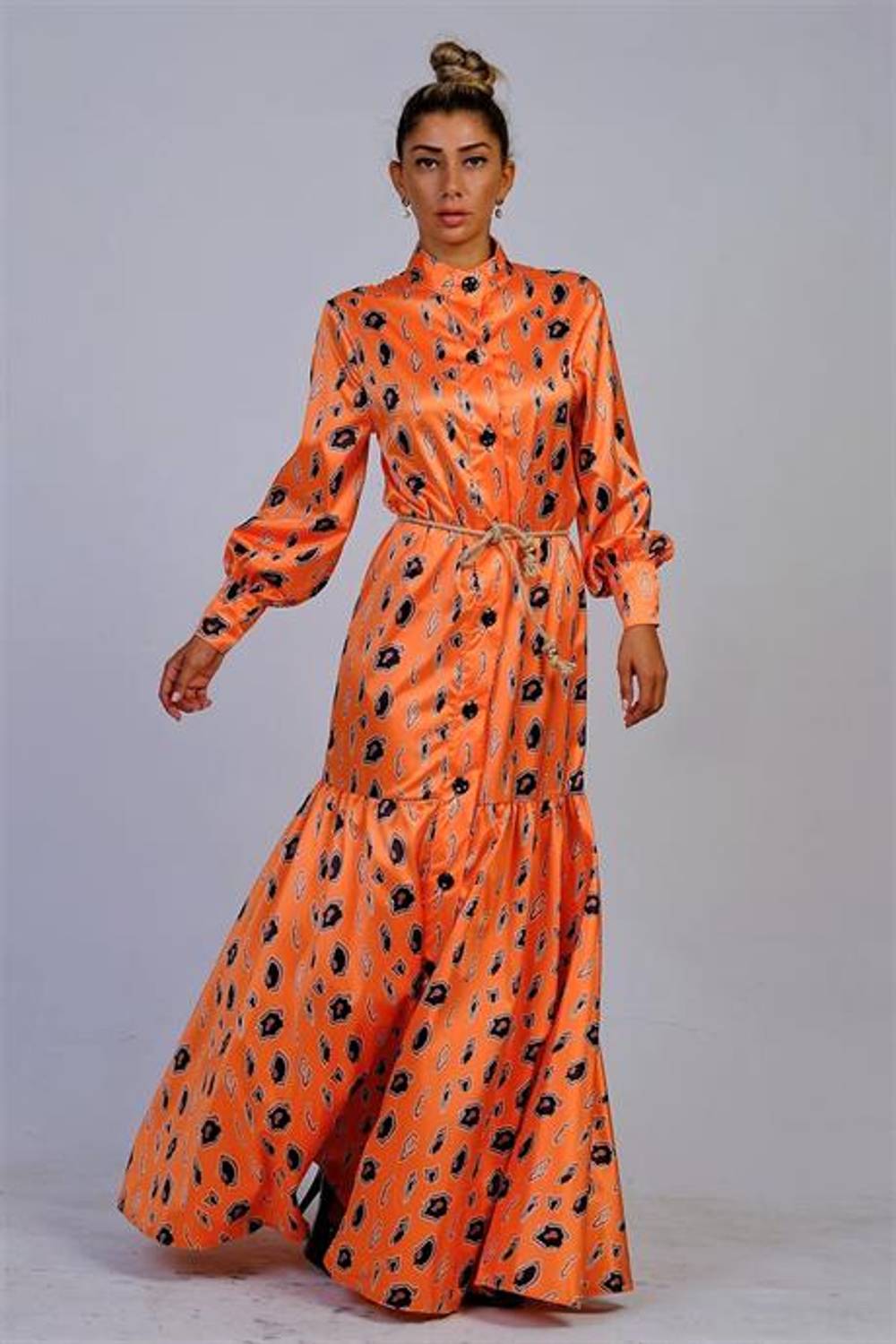 Markano Orange Judge Collar Patterned Skirt Flounce Satin Long Dress