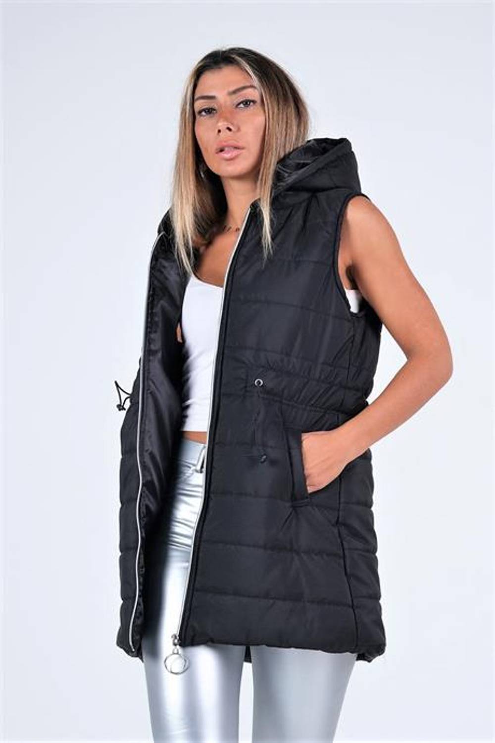 Markano Black Hooded Inflatable Vest with Pockets and Waist Drawstrable
