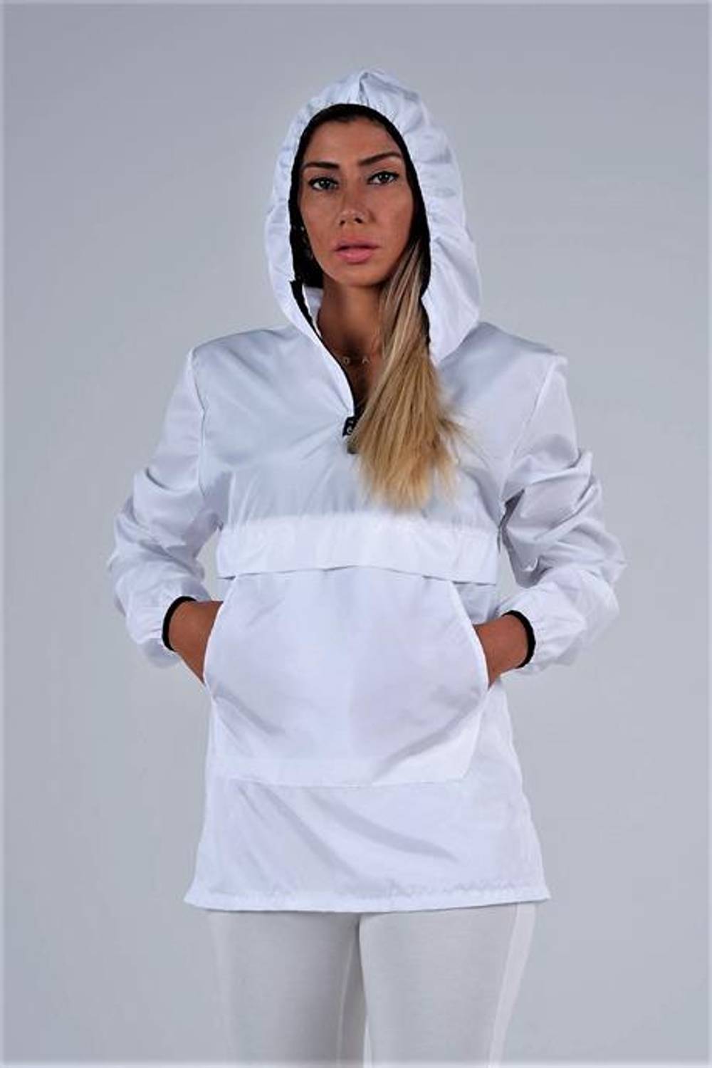 Markano White Hooded Raincoat with Kangaroo Pocket