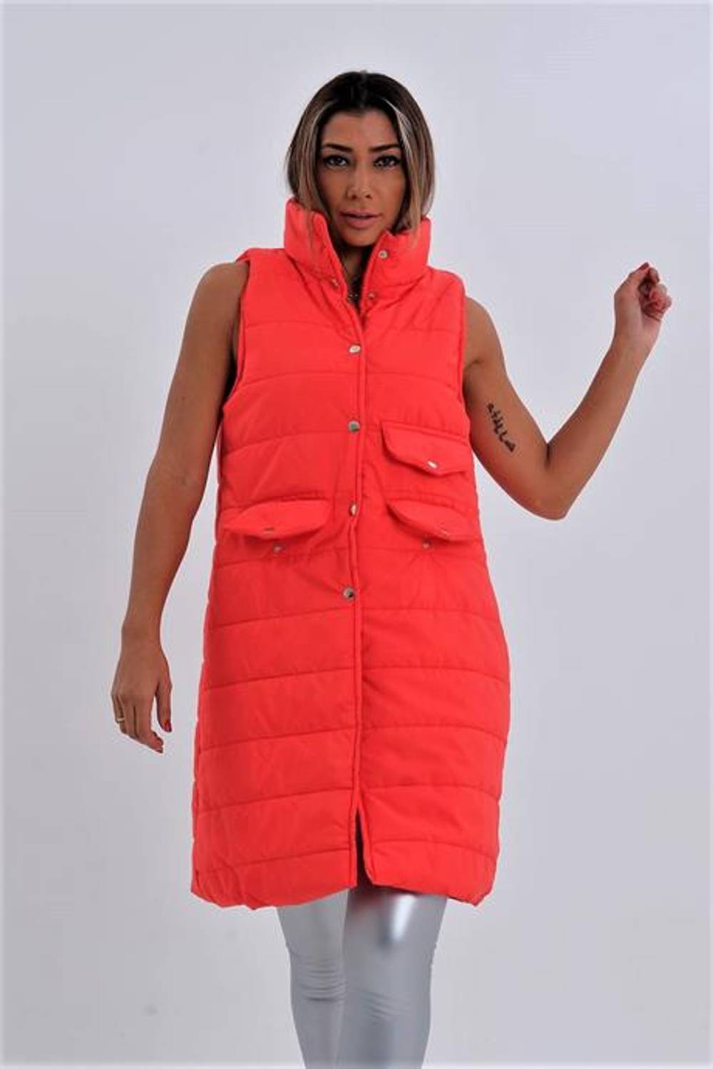 Markano Red Stand-up Collar Long Puffer Vest with Pocket Detail