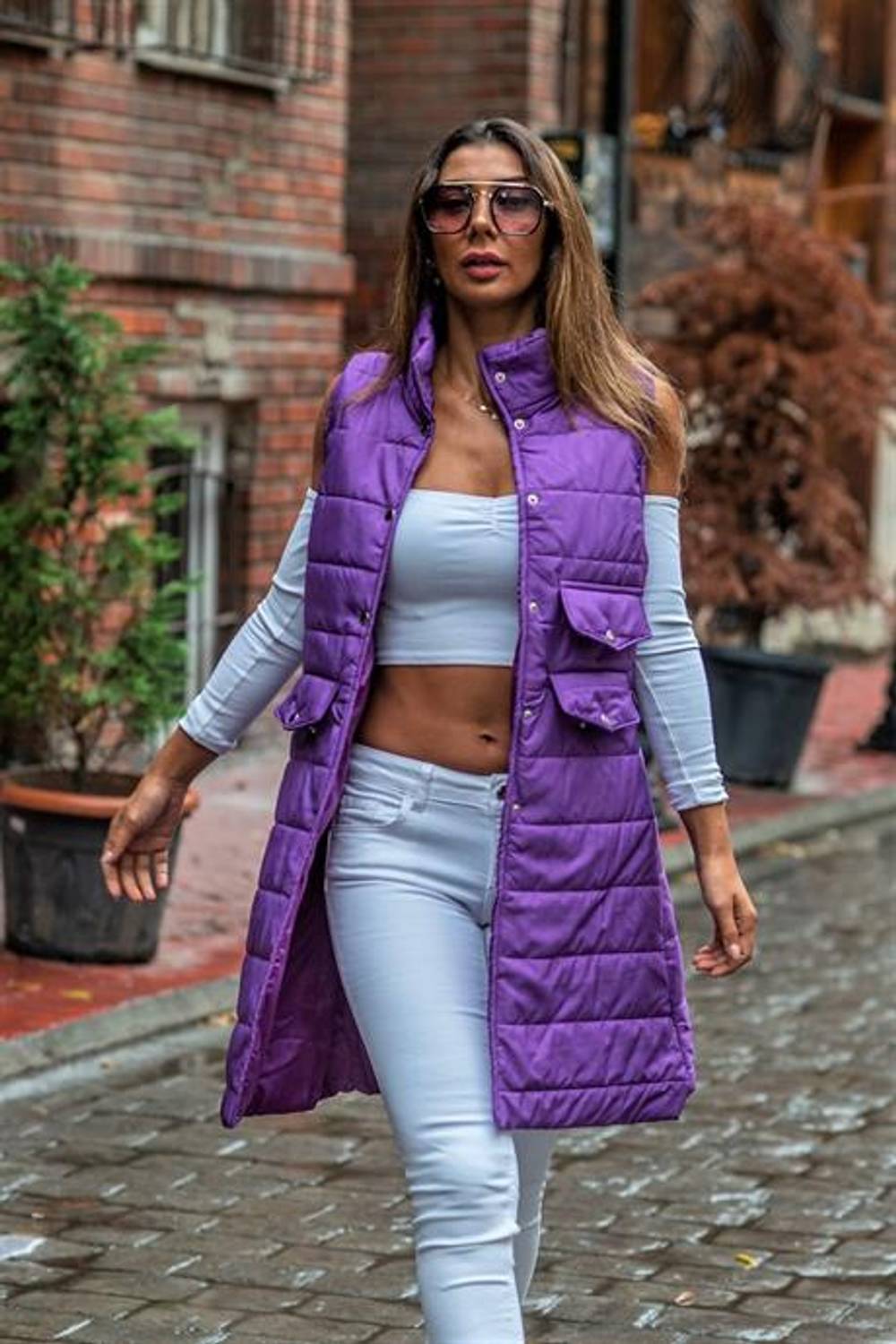 Markano Dark Purple Stand-up Collar Long Puffer Vest with Pocket Detail