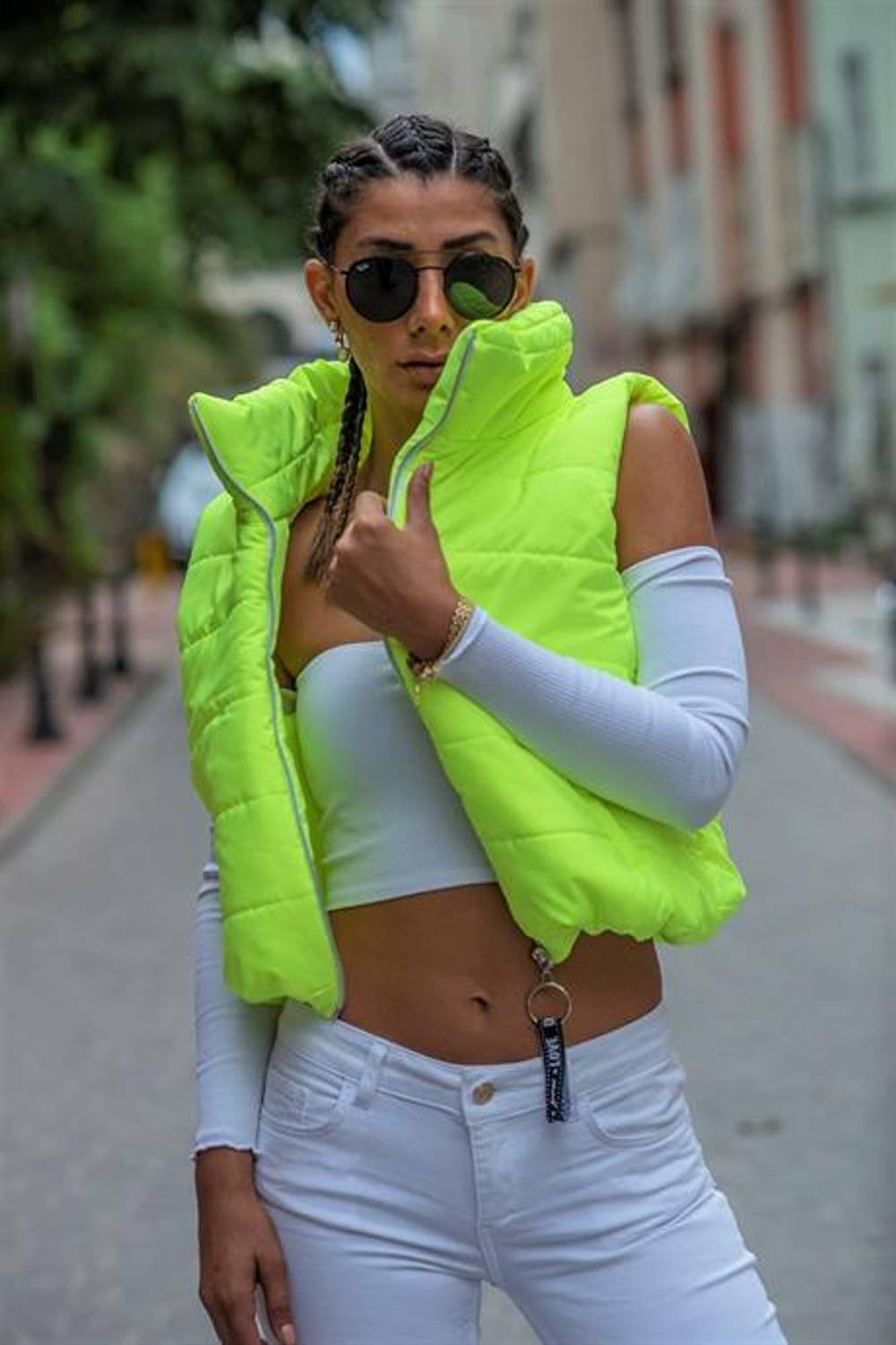 Markano Neon Green High Collar Waist Elastic Pocket Short Puffer Vest