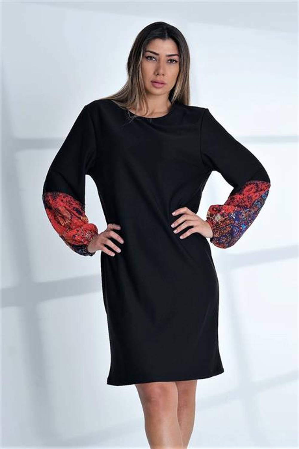 Markano Black Crew Neck Colorful Balloon Sleeve Knee Length Dress