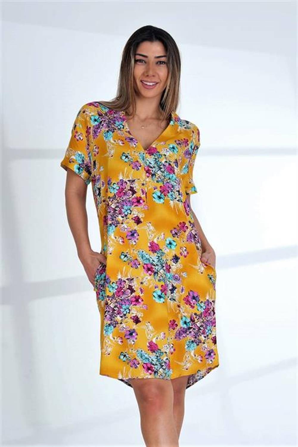 Markano Yellow Floral V-Neck Short Sleeve Pocket Knee Length Dress