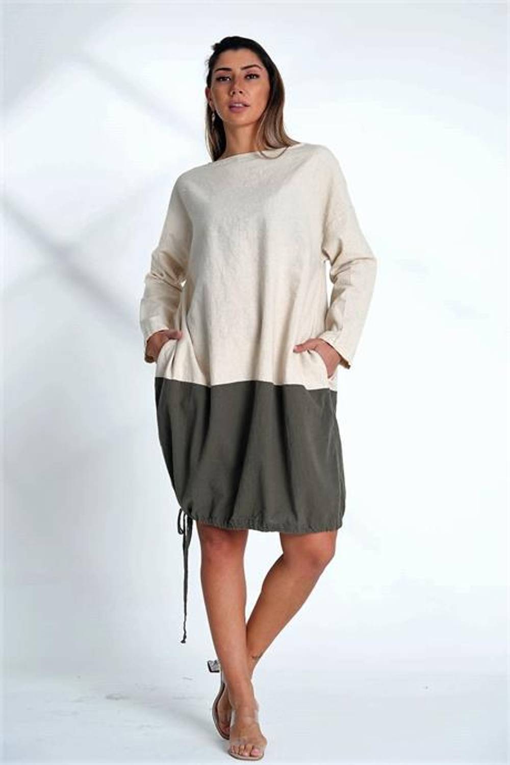 Markano Beige Crew Neck Long Sleeve Skirt Gathered Pocket Blocked Linen Dress