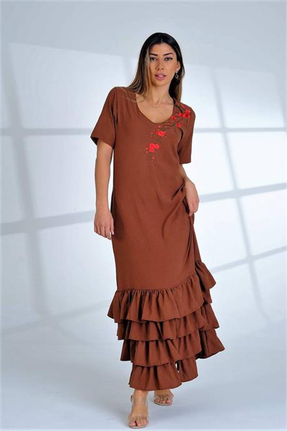 Markano Brown V-Neck Floral Embroidered Short Sleeve Long Dress with Ruffle Skirts